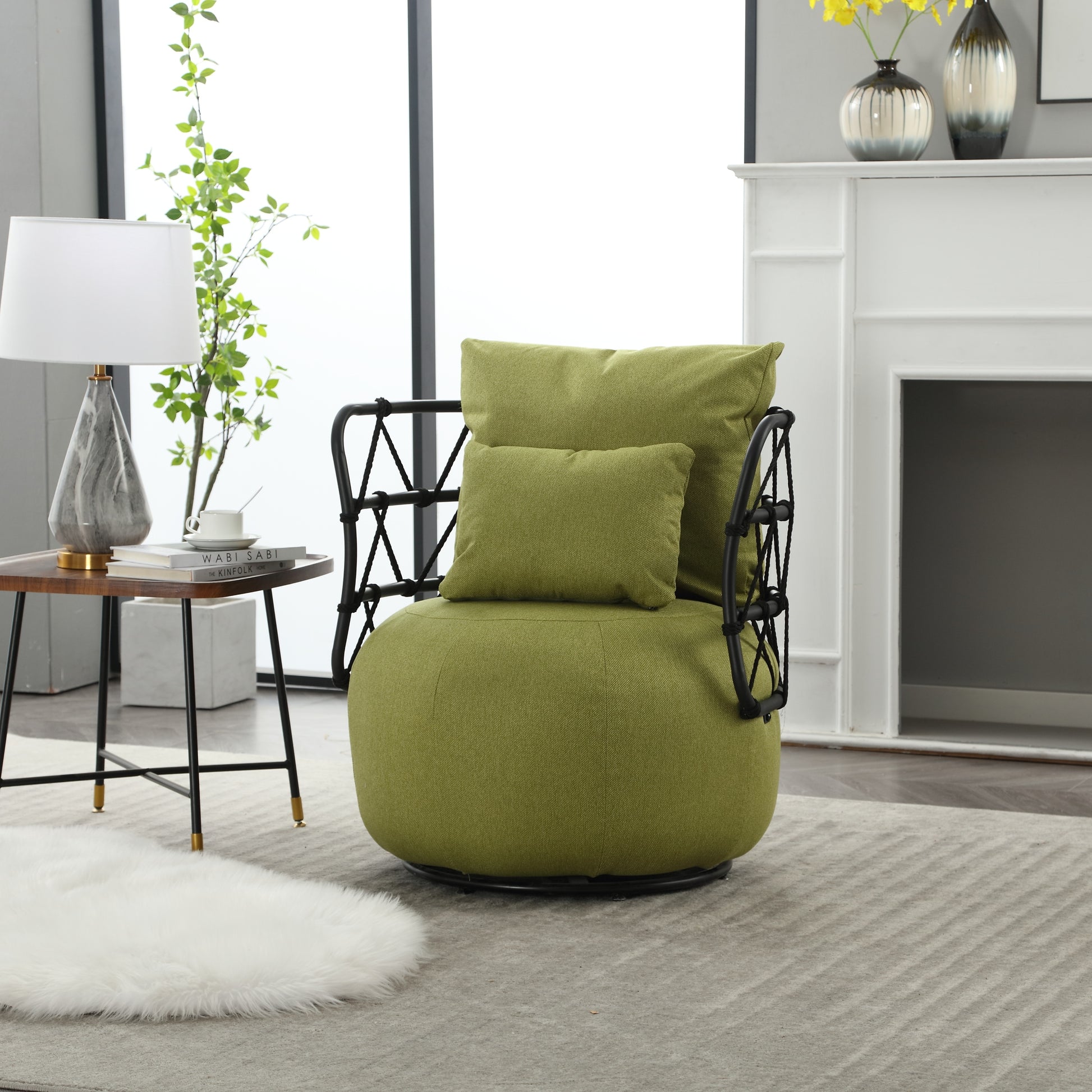 Coolmore Upholstered Tufted Living Room Chair Textured Linen Fabric Accent Chair With Metal Stand Olive Linen