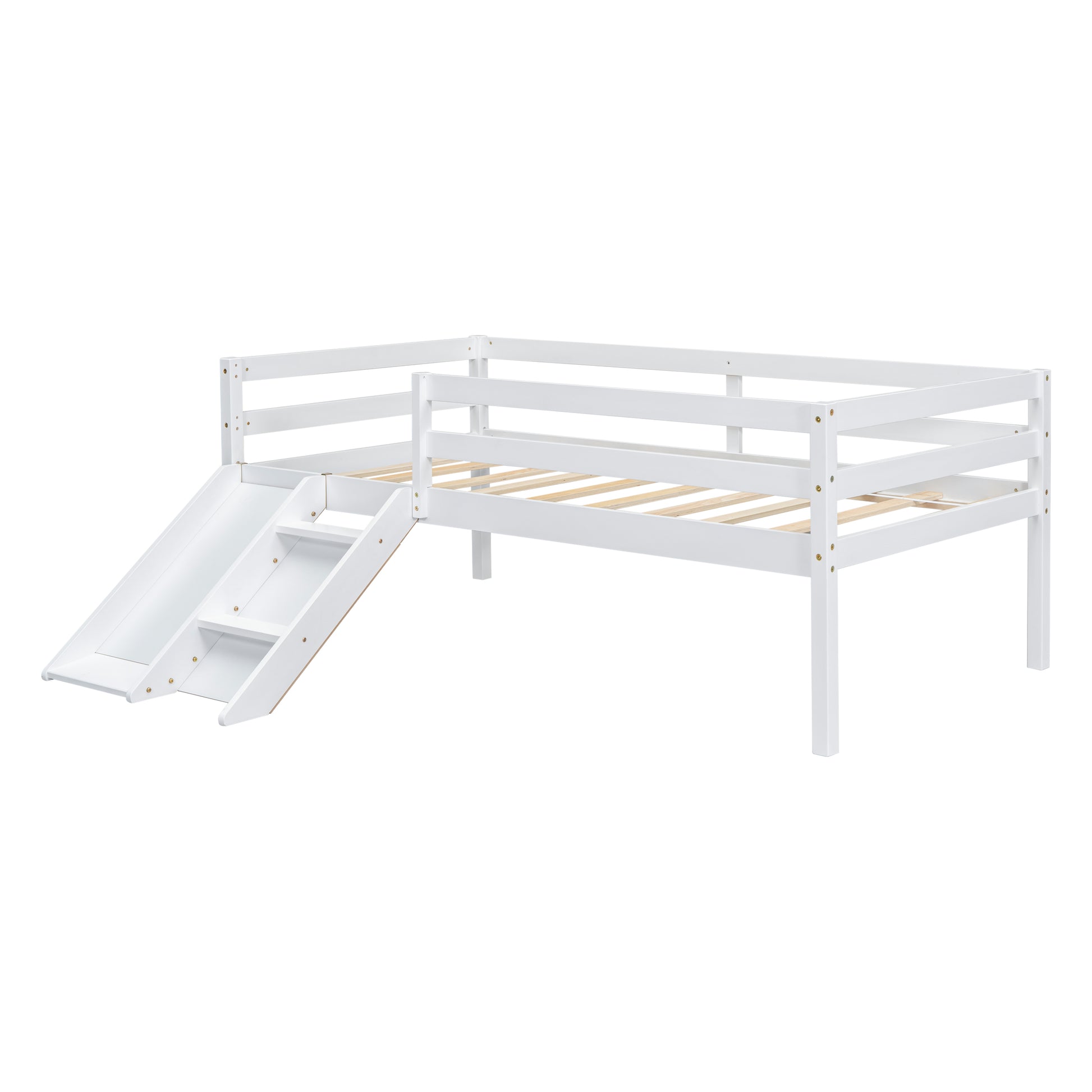 Twin Low Loft Bed With Slide, Ladder, Safety Guardrails, No Box Spring Needed,White Twin White American Design Pine