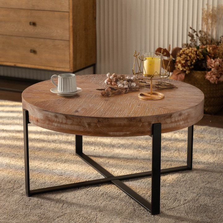 33.86"Modern Retro Splicing Round Coffee Table, Fir Wood Table Top With Black Cross Legs Base Same Sku:W757127347 Black Natural Metal & Wood