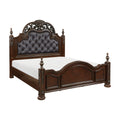 Formal Traditional Eastern King Bed 1Pc Button Tufted Upholstered Headboard Posts Cherry Finish Bedroom Furniture Carving Wood Design Box Spring Required King Cherry Wood Bedroom American Traditional,Traditional Faux Leather Wood