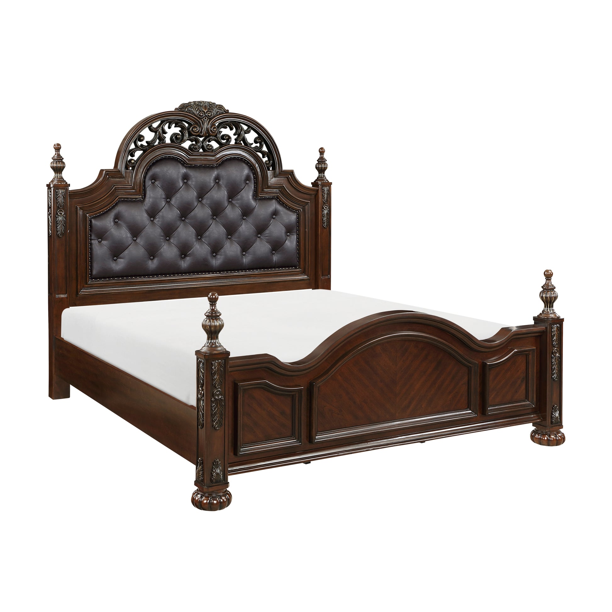 Formal Traditional Eastern King Bed 1Pc Button Tufted Upholstered Headboard Posts Cherry Finish Bedroom Furniture Carving Wood Design Box Spring Required King Cherry Wood Bedroom American Traditional,Traditional Faux Leather Wood