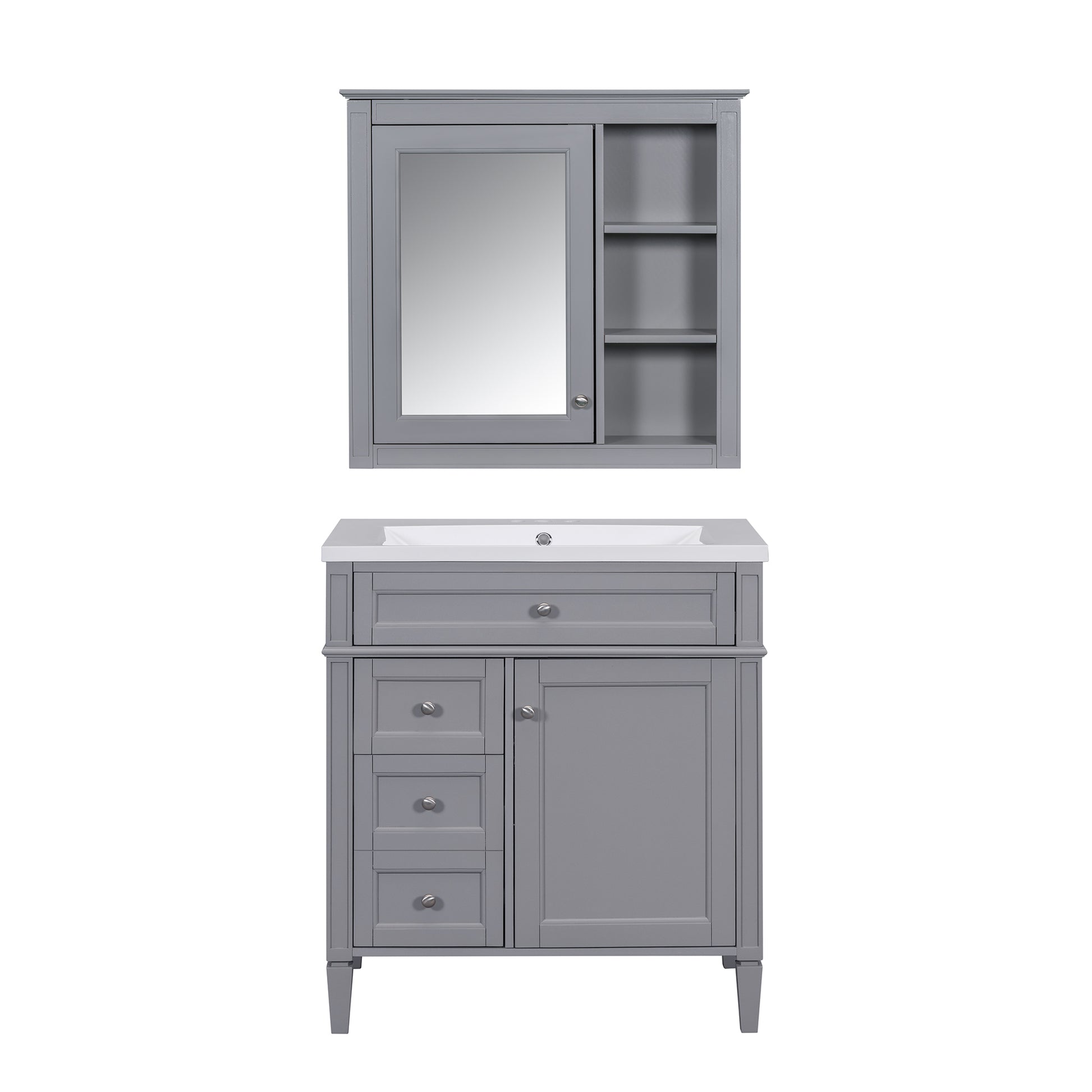 30'' Bathroom Vanity With Top Sink, Modern Bathroom Storage Cabinet With 2 Drawers And A Tip Out Drawer, Freestanding Vanity Set With Mirror Cabinet, Single Sink Bathroom Vanity 3 Grey 2 5 Bathroom