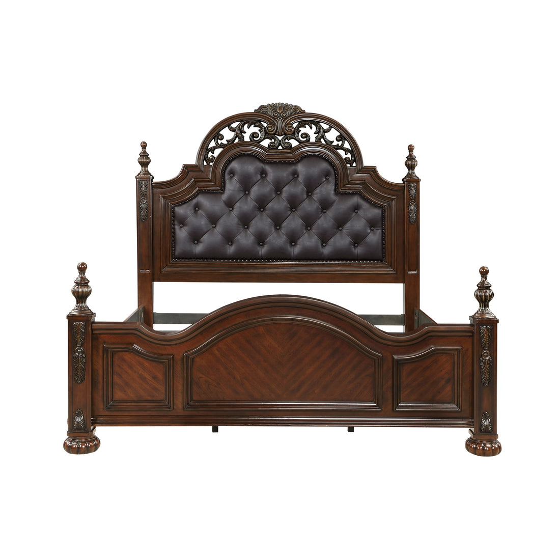 Formal Traditional Eastern King Bed 1Pc Button Tufted Upholstered Headboard Posts Cherry Finish Bedroom Furniture Carving Wood Design Box Spring Required King Cherry Wood Bedroom American Traditional,Traditional Faux Leather Wood