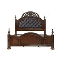 Formal Traditional Eastern King Bed 1Pc Button Tufted Upholstered Headboard Posts Cherry Finish Bedroom Furniture Carving Wood Design Box Spring Required King Cherry Wood Bedroom American Traditional,Traditional Faux Leather Wood