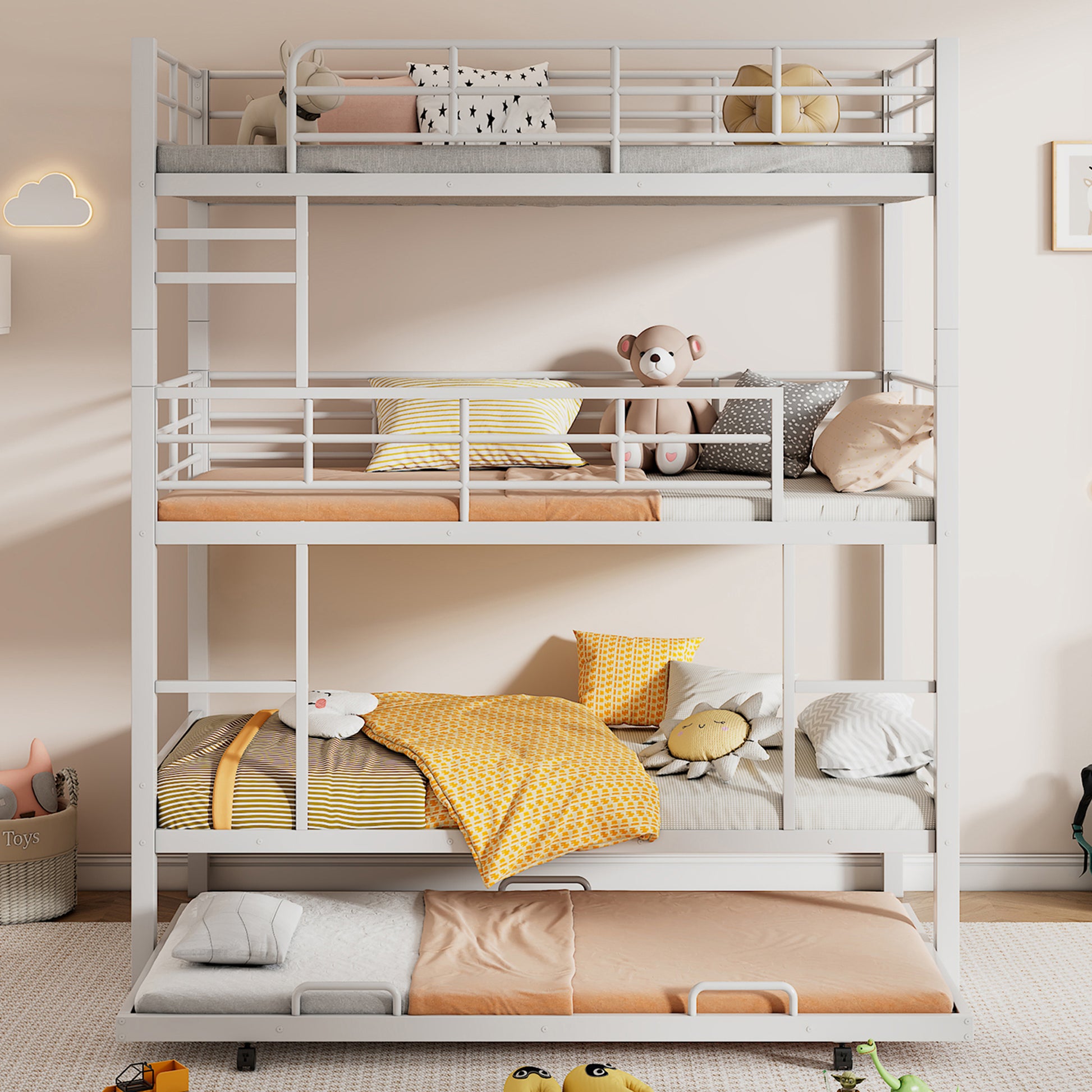 Metal Twin Size Triple Bunk Bed With Trundle, White Antique White Metal