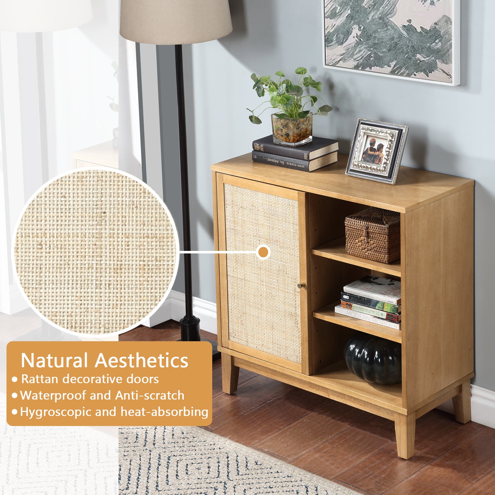 Buffet Cabinet With Storage,Storage Cabinet With Natural Rattan Decorated Doors,Rattan Cabinet With Adjustable Shelf,Sideboard For Living Room,Kitchen,Hallway,1 Doors, Shelf With Storage, Natural Natural Rubber Wood