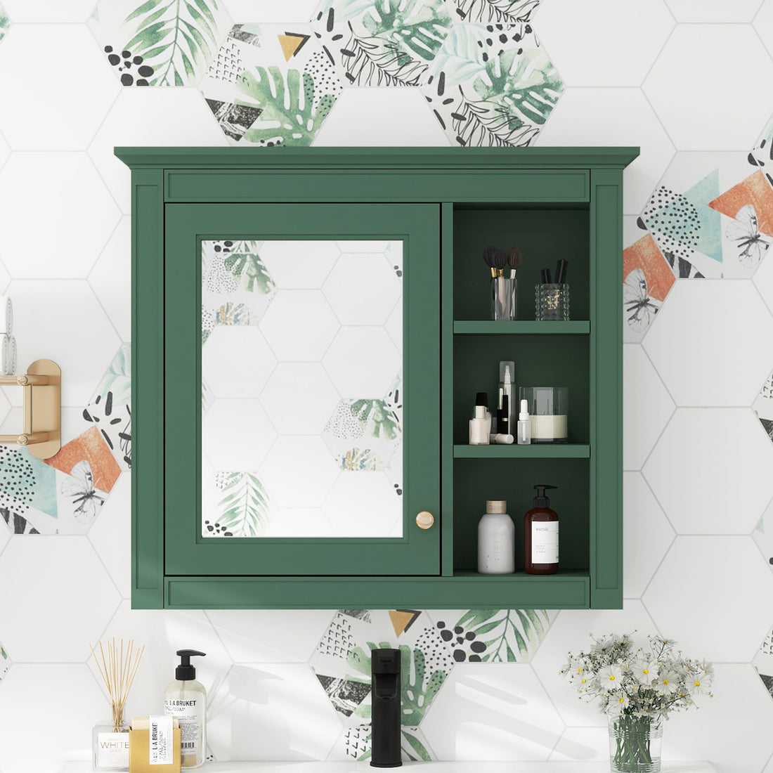 30'' X 28'' Medicine Cabinet, Wall Mounted Bathroom Storage Cabinet, Modern Bathroom Wall Cabinet With Mirror,Medicine Cabinet, Mirror Cabinet With 3 Open Shelves Not Include Bathroom Vanity Green 1 5 Mirror Included Bathroom Wall Mounted Mdf Glass