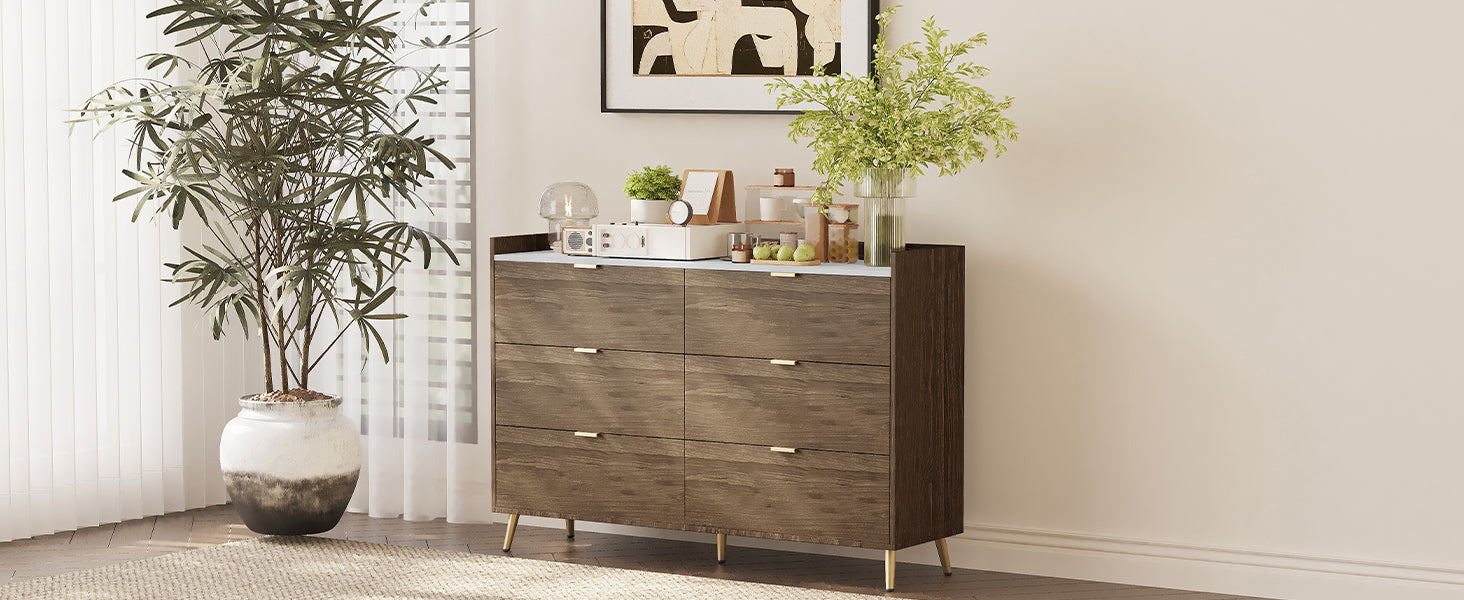 55" Long 6 Drawer Dresser With Marbling Worktop, Mordern Storage Cabinet With Metal Leg And Handle For Bedroom,Walnut Walnut Mdf Metal