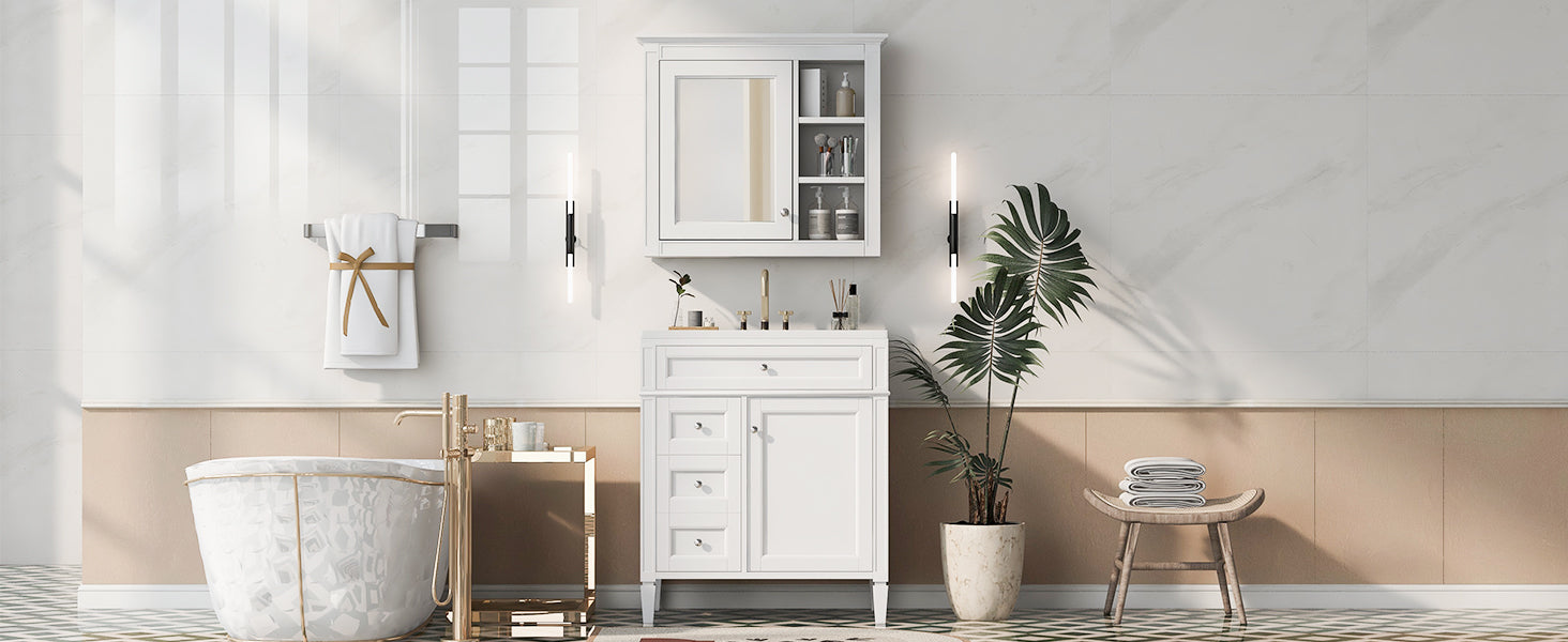 30'' Bathroom Vanity With Top Sink, Modern Bathroom Storage Cabinet With 2 Drawers And A Tip Out Drawer, Freestanding Vanity Set With Mirror Cabinet, Single Sink Bathroom Vanity 3 White 2 5 Bathroom Freestanding Solid Wood Mdf Resin Painted