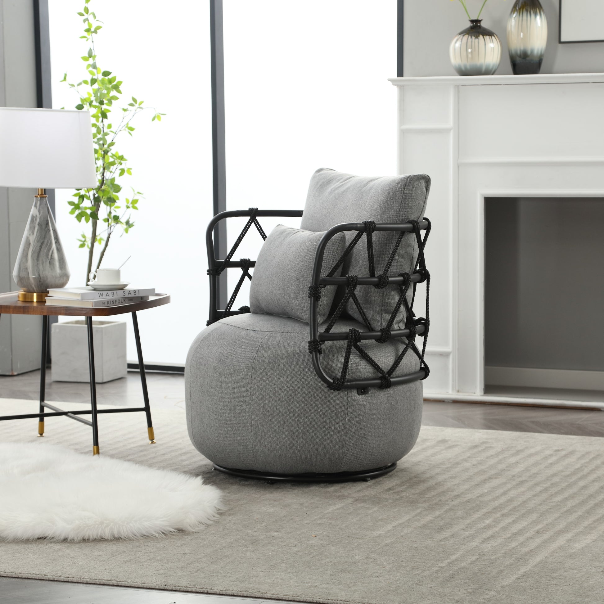 Coolmore Upholstered Tufted Living Room Chair Textured Linen Fabric Accent Chair With Metal Stand Gray Linen
