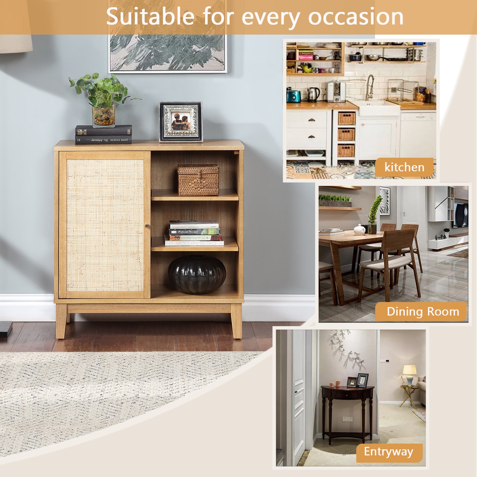 Buffet Cabinet With Storage,Storage Cabinet With Natural Rattan Decorated Doors,Rattan Cabinet With Adjustable Shelf,Sideboard For Living Room,Kitchen,Hallway,1 Doors, Shelf With Storage, Natural Natural Rubber Wood