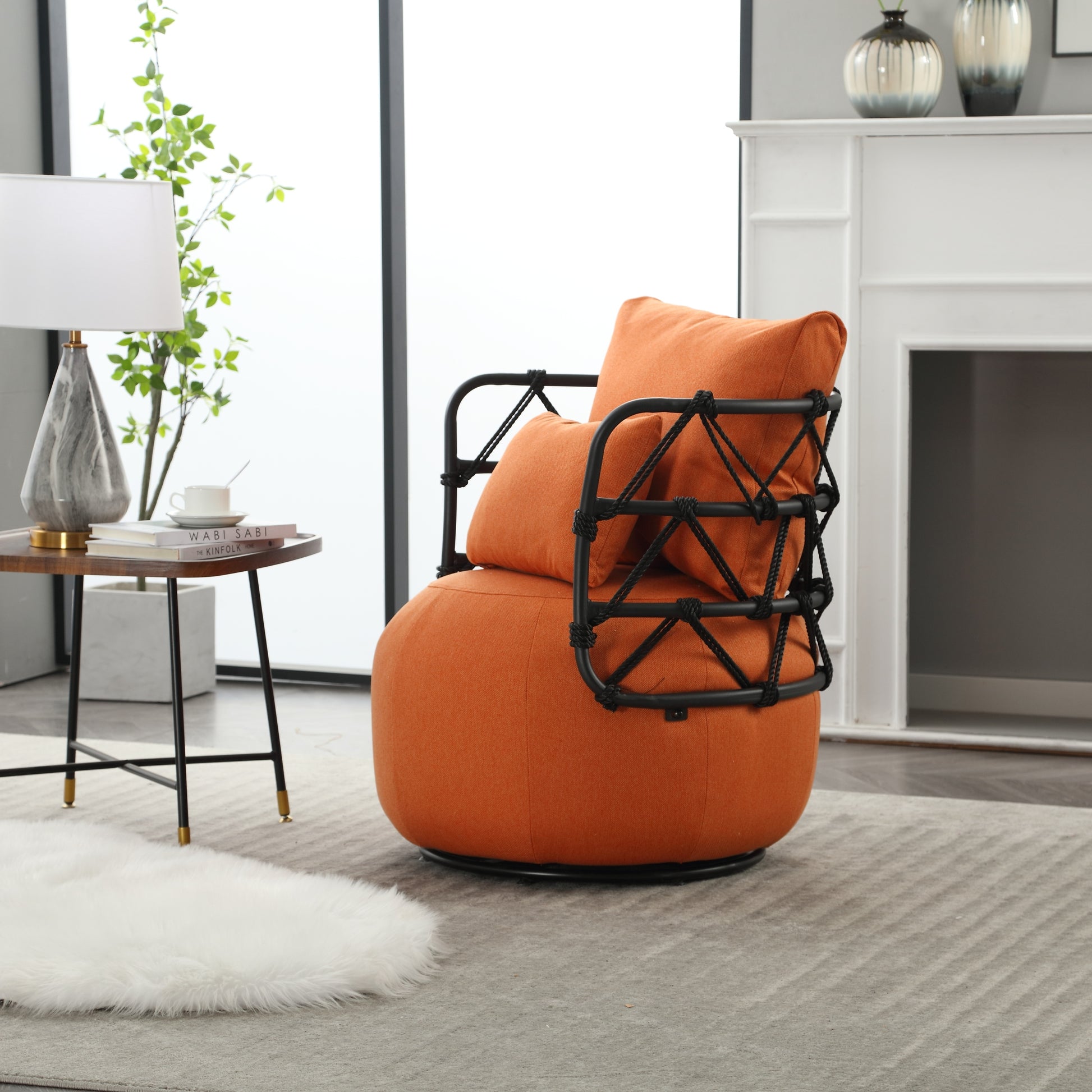 Coolmore Upholstered Tufted Living Room Chair Textured Linen Fabric Accent Chair With Metal Stand Orange Linen