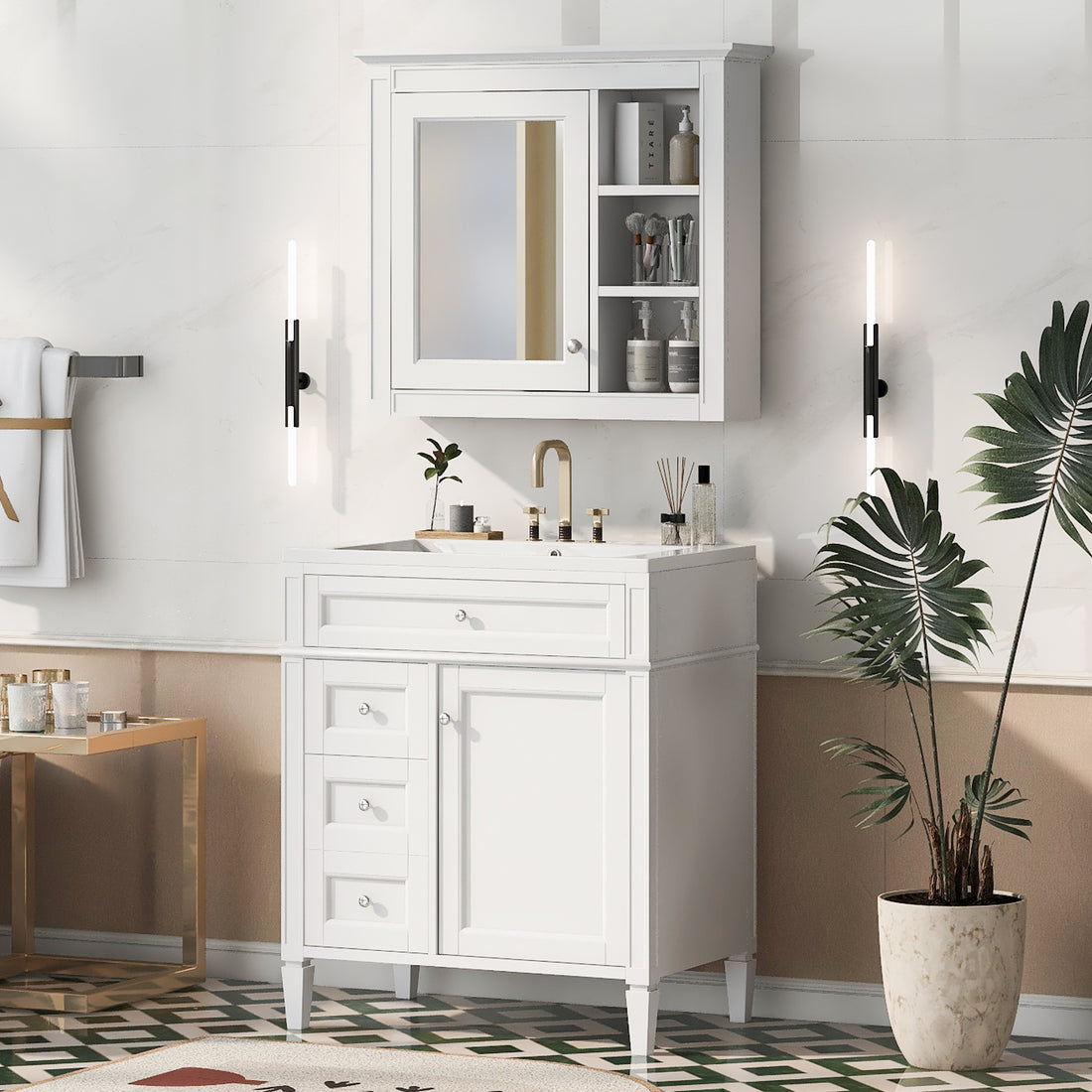 30'' Bathroom Vanity With Top Sink, Modern Bathroom Storage Cabinet With 2 Drawers And A Tip Out Drawer, Freestanding Vanity Set With Mirror Cabinet, Single Sink Bathroom Vanity 3 White 2 5 Bathroom Freestanding Solid Wood Mdf Resin Painted