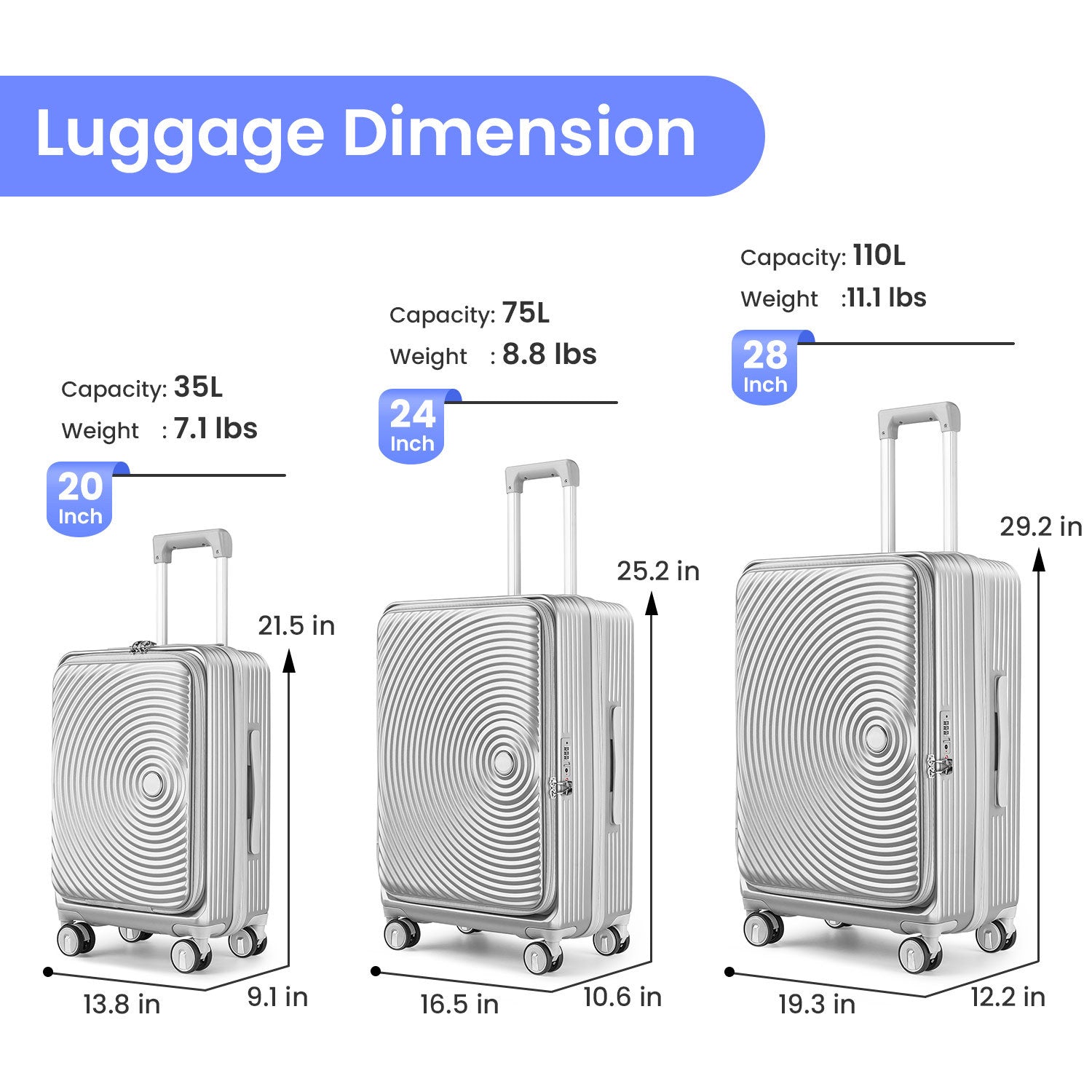 Luggage Sets 3 Piece 20 24 28 , Expandable Carry On Luggage With Tsa Lock Airline Approved, 100% Pc Hard Shell And Lightweight Suitcase With Front Pocket And Spinner Wheels Silver Pc