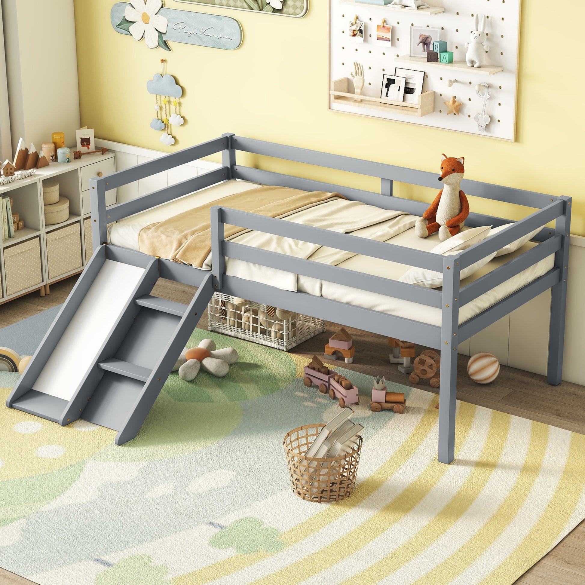 Twin Low Loft Bed With Slide, Ladder, Safety Guardrails, No Box Spring Needed,Grey Twin Grey American Design Pine