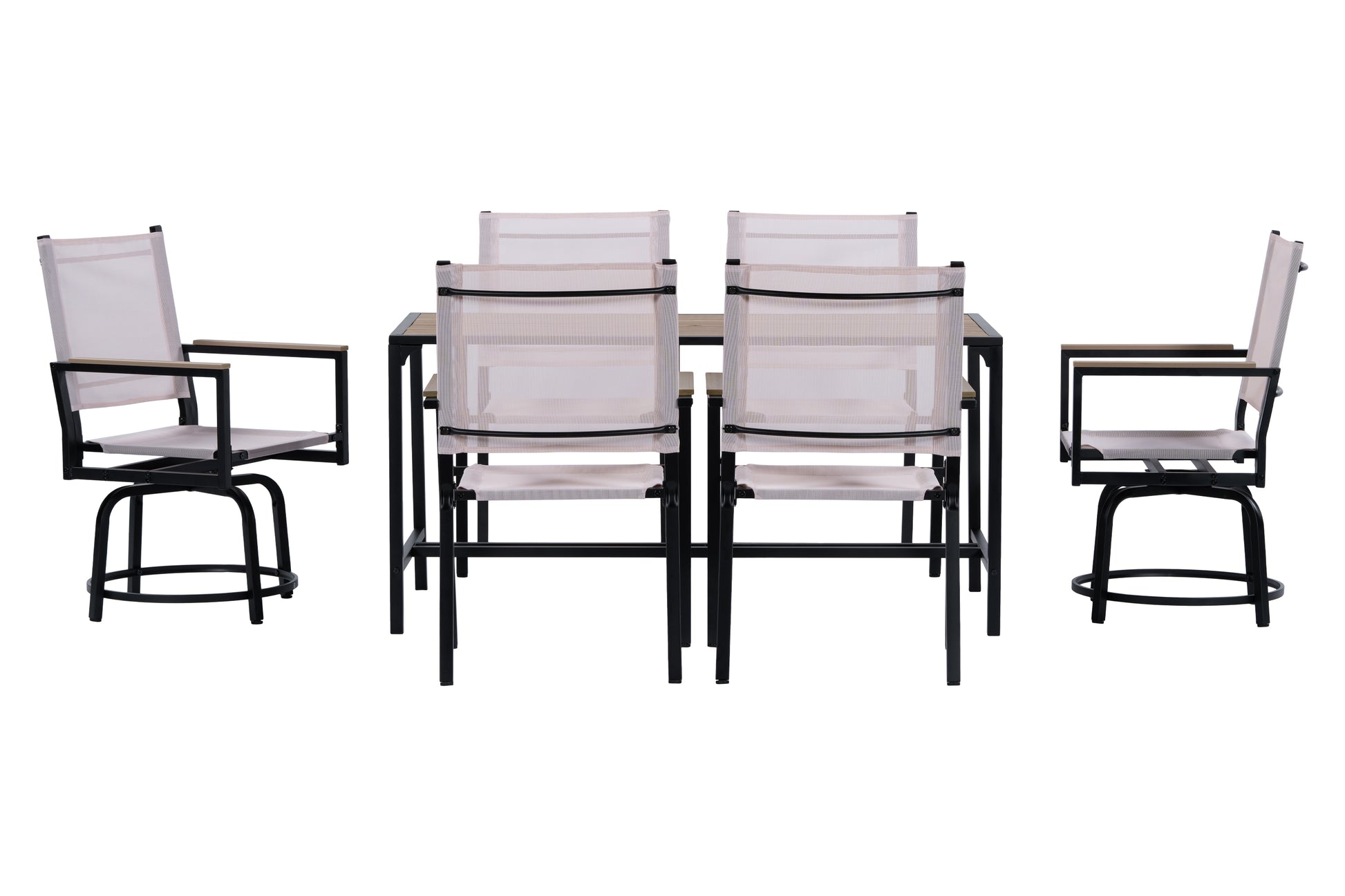 7 Piece Outdoor Patio Set Weather Resistance Wood Plastic Component Wpc Swivel Chairs Al Fresco Dining Set Outdoor Dining Set Dining Table Set Bistro Table Black Steel