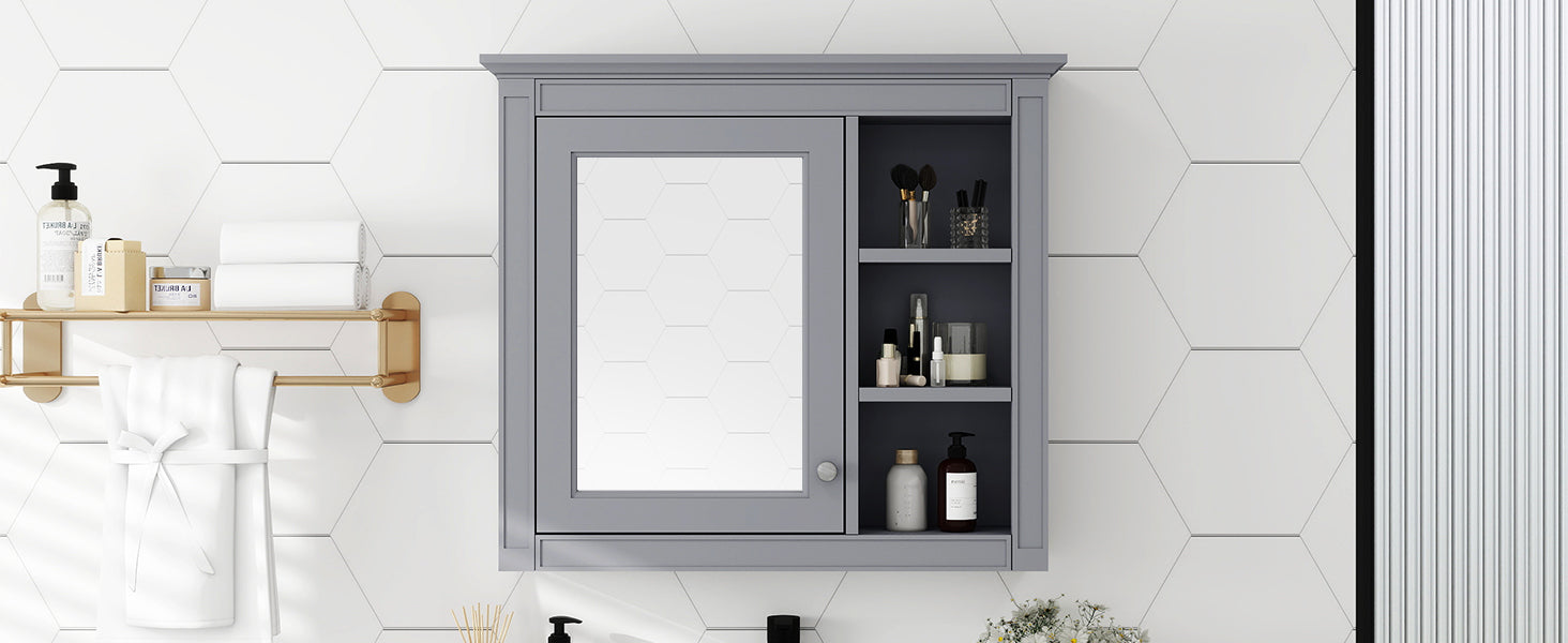 30'' X 28'' Medicine Cabinet, Wall Mounted Bathroom Storage Cabinet, Modern Bathroom Wall Cabinet With Mirror,Medicine Cabinet, Mirror Cabinet With 3 Open Shelves Not Include Bathroom Vanity Grey 1 5 Mirror Included Bathroom Wall Mounted Mdf Glass