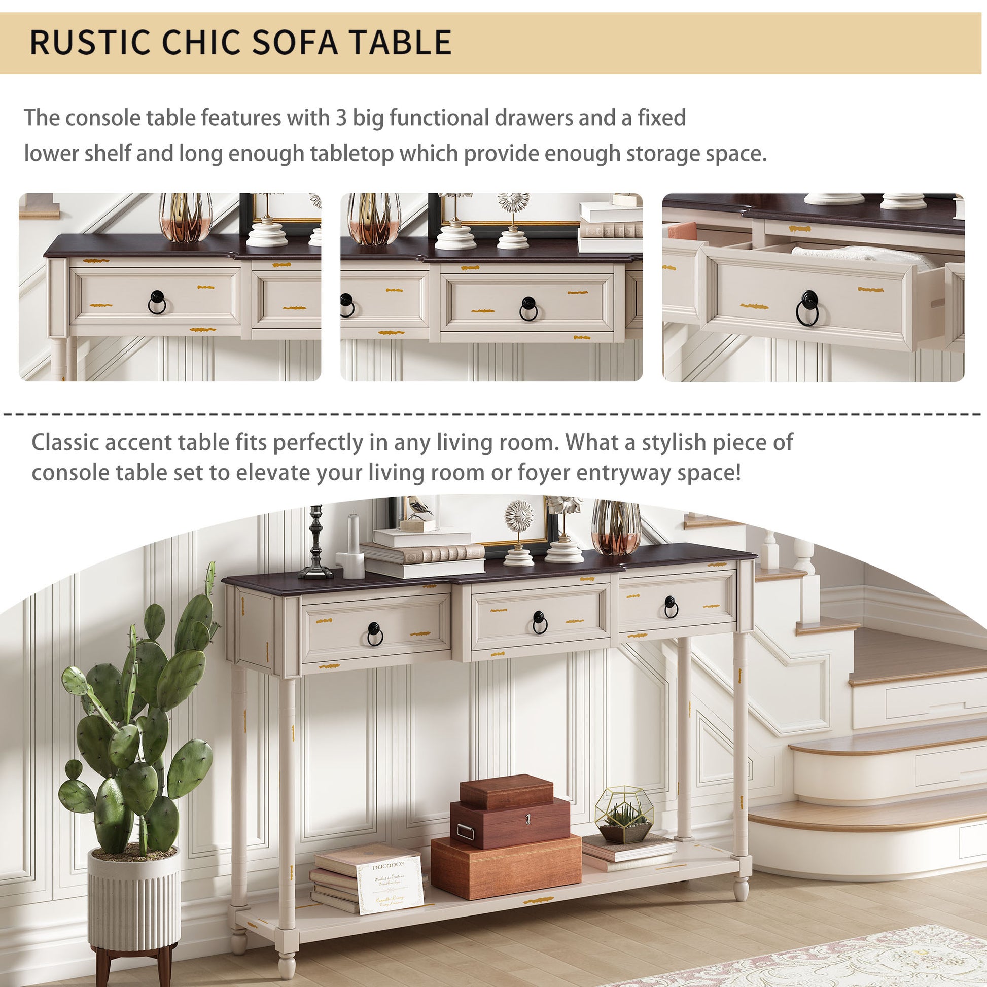 Console Table Sofa Table With Drawers For Entryway With Projecting Drawers And Long Shelf Beige, Old Sku: Wf189574Aad Beige Solid Wood Mdf