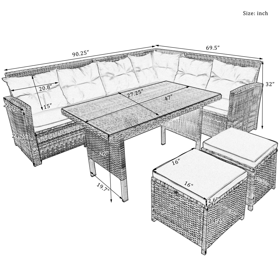 6 Piece Patio Furniture Set Outdoor Sectional Sofa With Glass Table, Ottomans For Pool, Backyard, Lawn Gray Yes Complete Patio Set Gray Water Resistant Frame Water Resistant Cushion Garden & Outdoor Sofa Seating Groups Foam Rattan