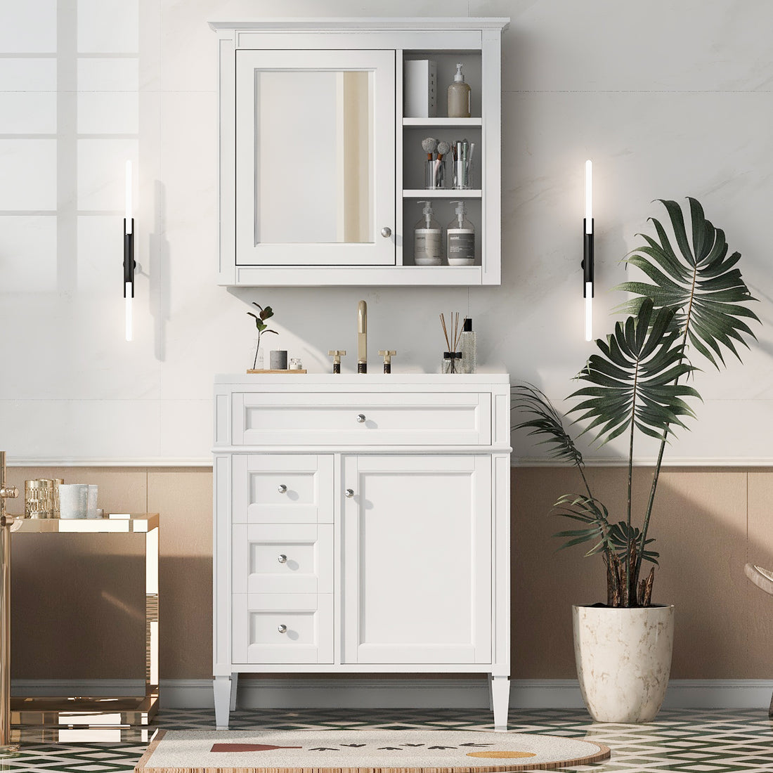 30'' Bathroom Vanity With Top Sink, Modern Bathroom Storage Cabinet With 2 Drawers And A Tip Out Drawer, Freestanding Vanity Set With Mirror Cabinet, Single Sink Bathroom Vanity White Bathroom Solid