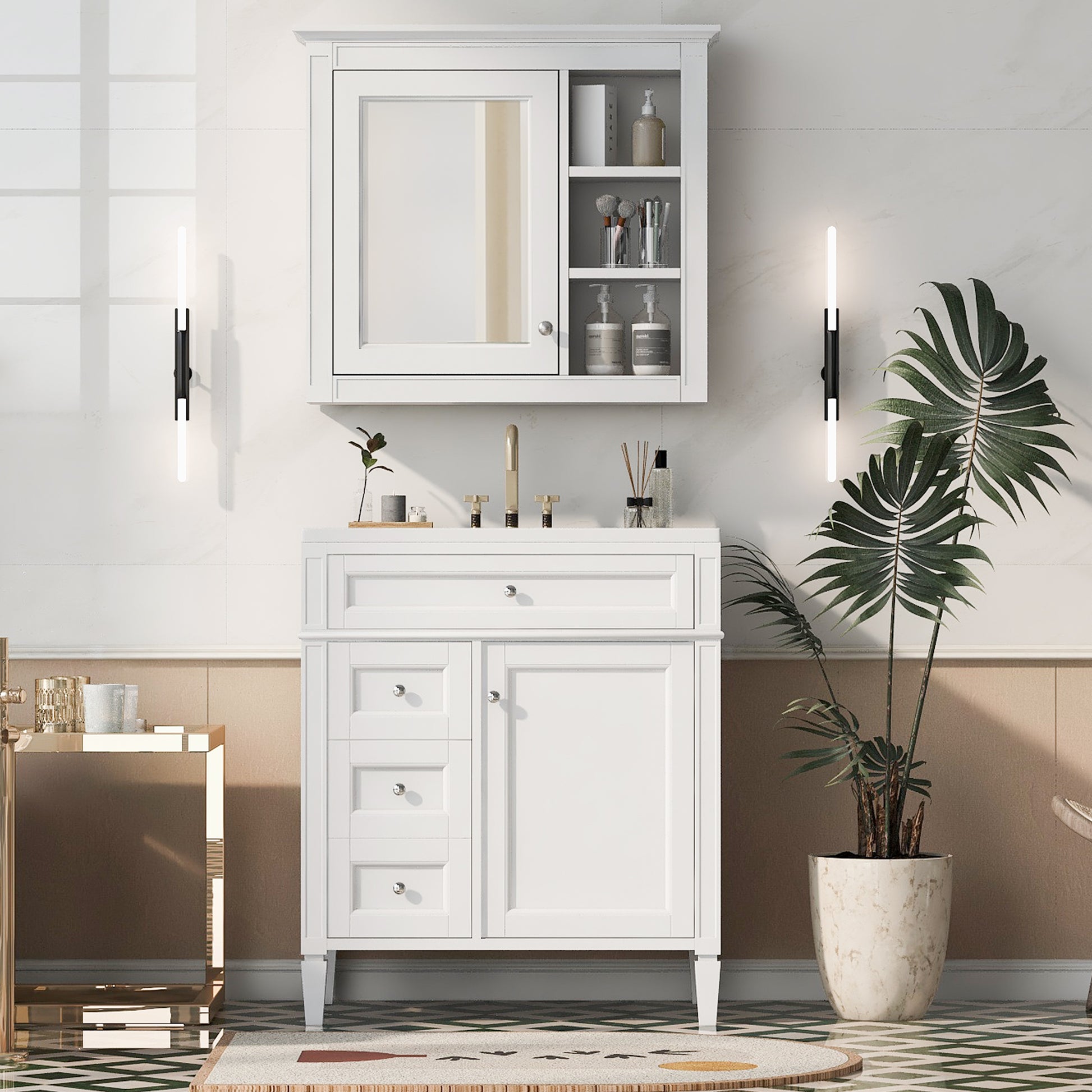 30'' Bathroom Vanity With Top Sink, Modern Bathroom Storage Cabinet With 2 Drawers And A Tip Out Drawer, Freestanding Vanity Set With Mirror Cabinet, Single Sink Bathroom Vanity White Bathroom Solid