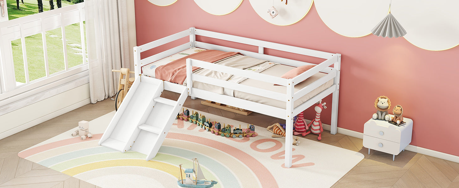 Twin Low Loft Bed With Slide, Ladder, Safety Guardrails, No Box Spring Needed,White Twin White American Design Pine