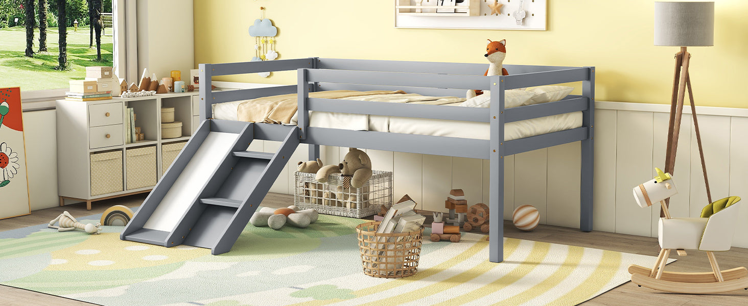 Twin Low Loft Bed With Slide, Ladder, Safety Guardrails, No Box Spring Needed,Grey Twin Grey American Design Pine