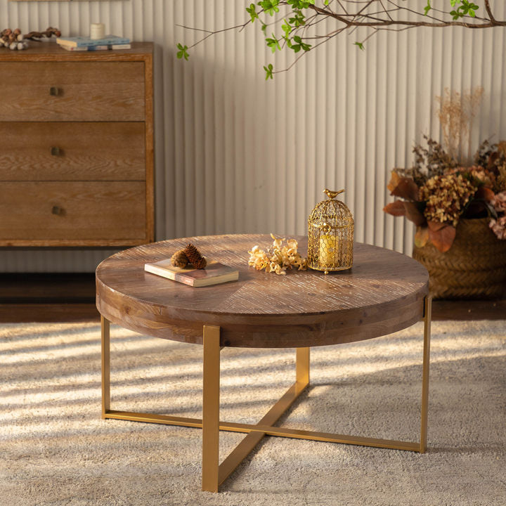 33.86"Modern Retro Splicing Round Coffee Table,Fir Wood Table Top With Gold Cross Legs Base Same Sku:W757126236 Gold Fir Metal & Wood