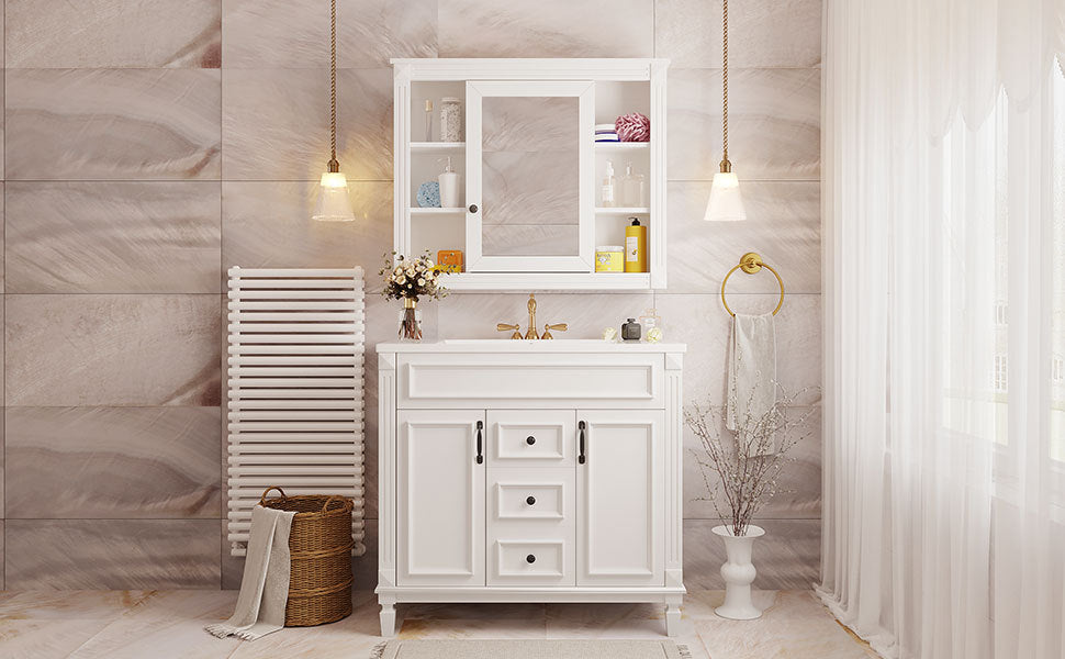 36'' Bathroom Vanity With Top Sink, White Mirror Cabinet, Modern Bathroom Storage Cabinet With 2 Soft Closing Doors And 2 Drawers, Single Sink Bathroom Vanity White Bathroom Mdf