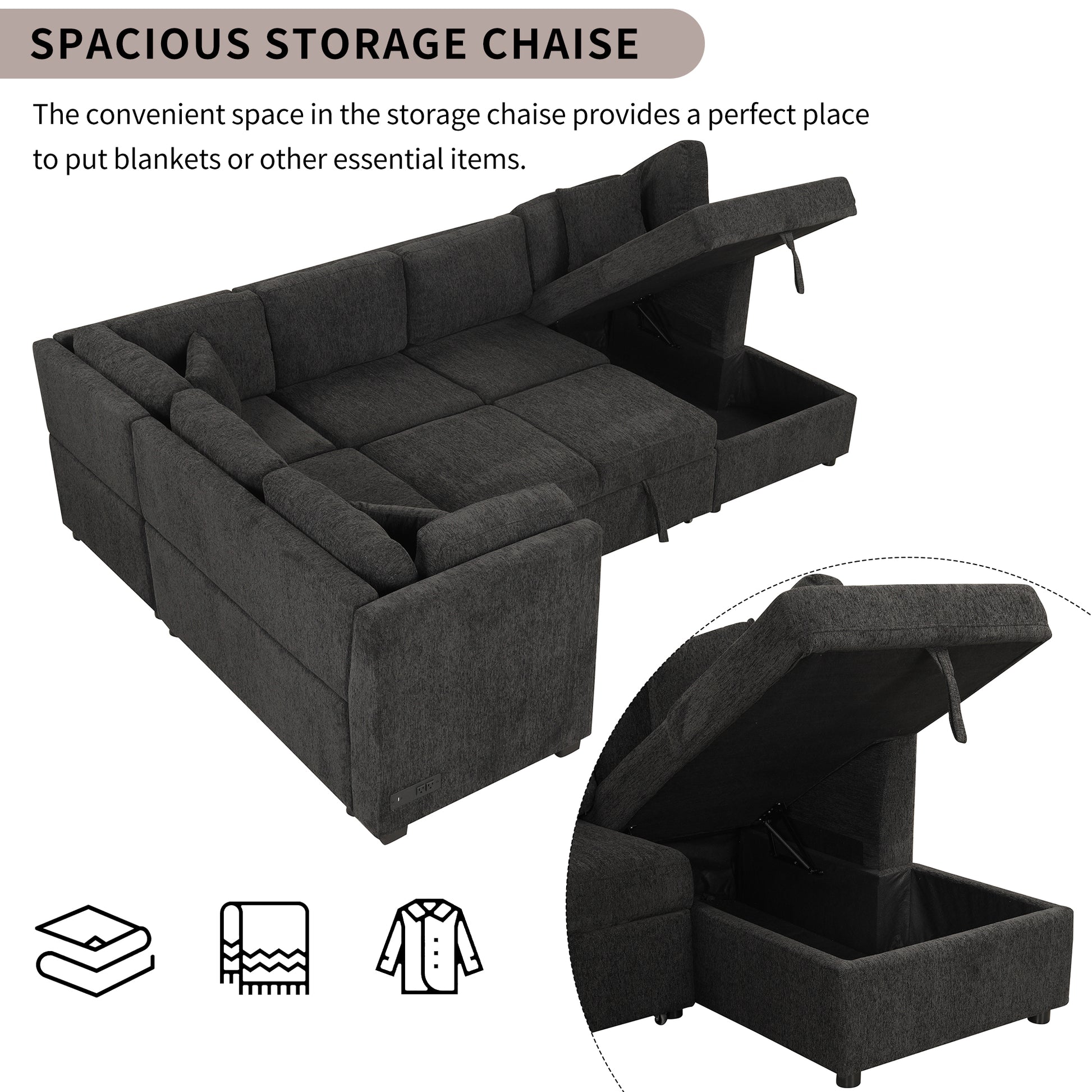 108.6" U Shaped Sectional Sofa Pull Out Sofa Bed With Two Usb Ports, Two Power Sockets, Three Back Pillows And A Storage Chaise For Living Room, Black Black Foam Chenille 5 Seat