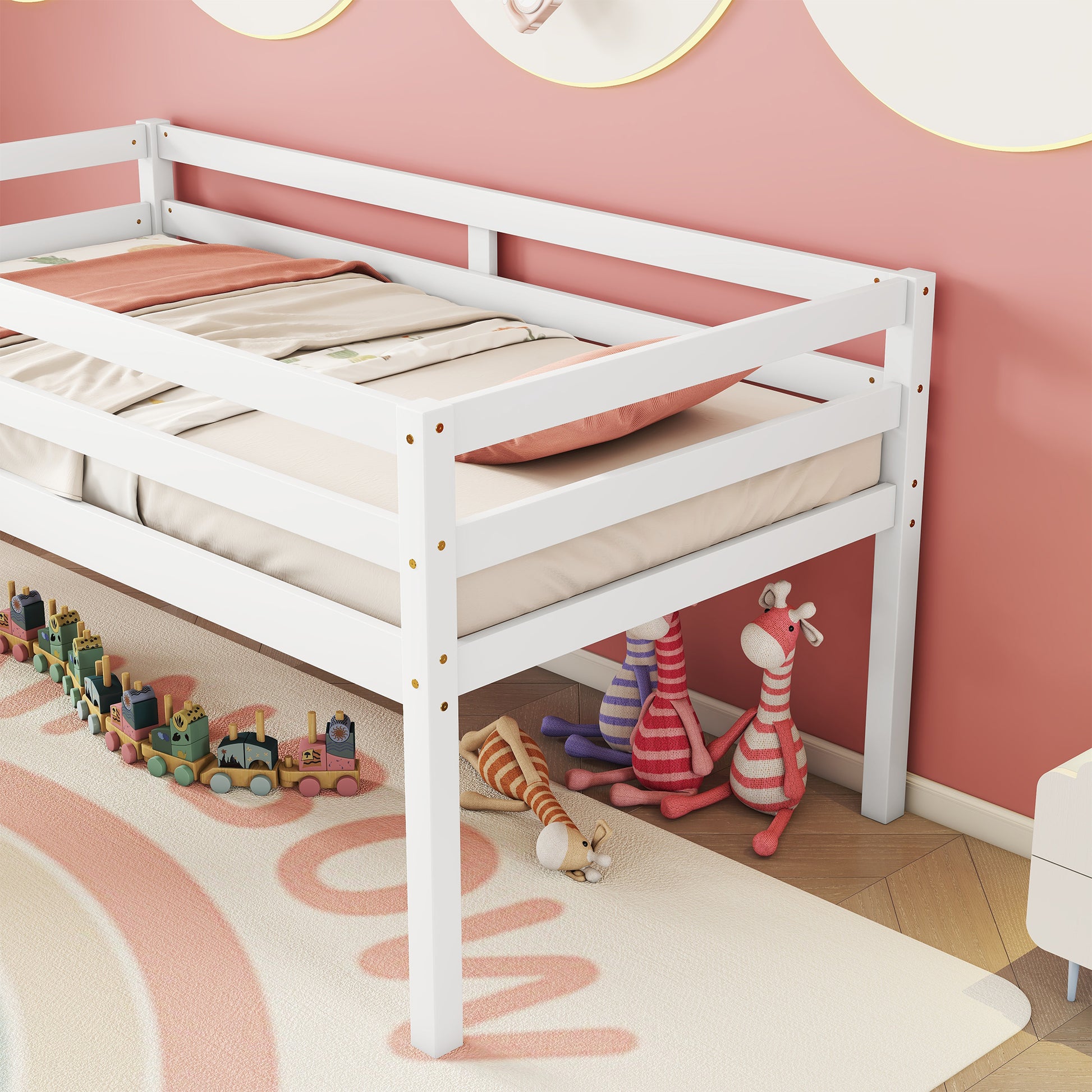 Twin Low Loft Bed With Slide, Ladder, Safety Guardrails, No Box Spring Needed,White Twin White American Design Pine