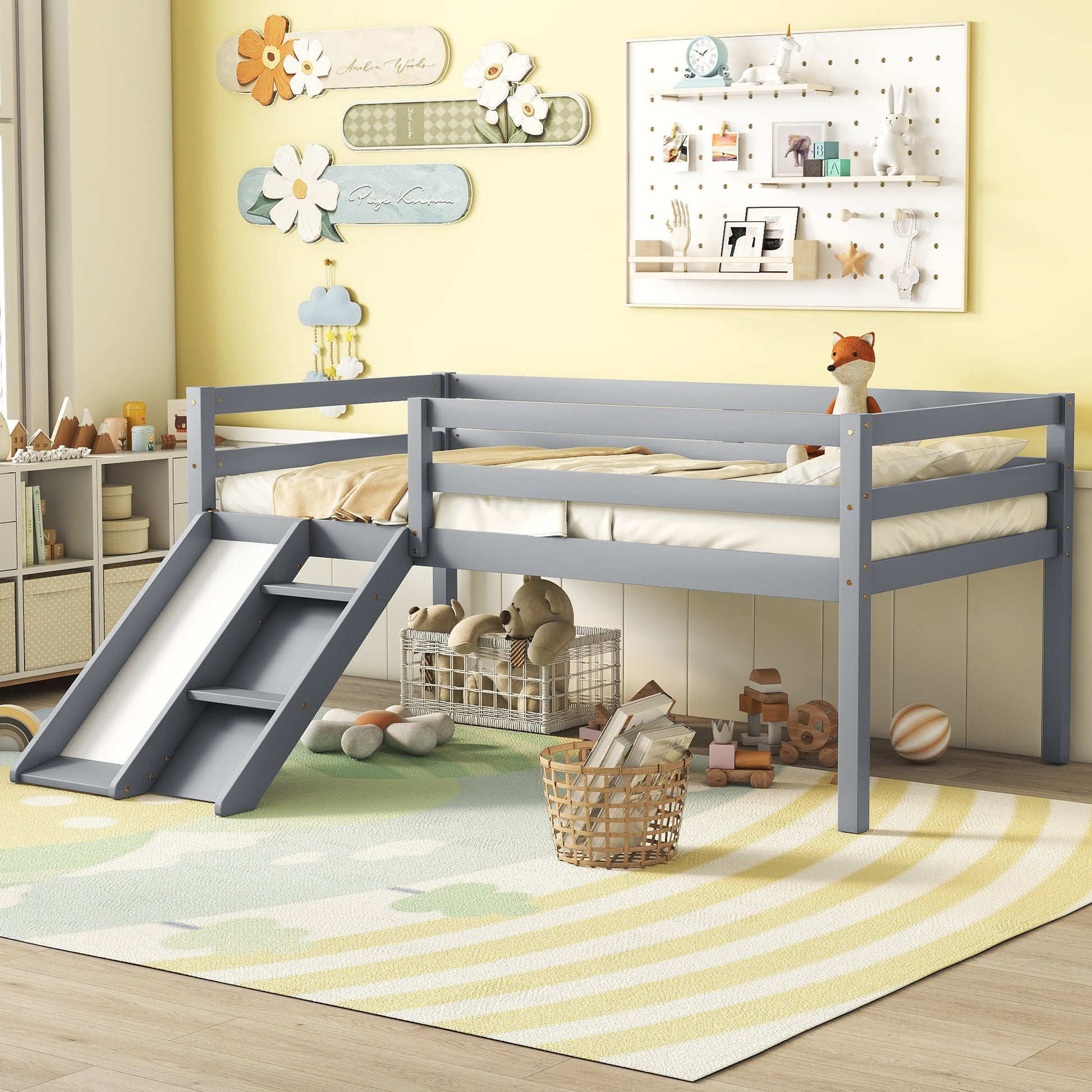 Twin Low Loft Bed With Slide, Ladder, Safety Guardrails, No Box Spring Needed,Grey Twin Grey American Design Pine