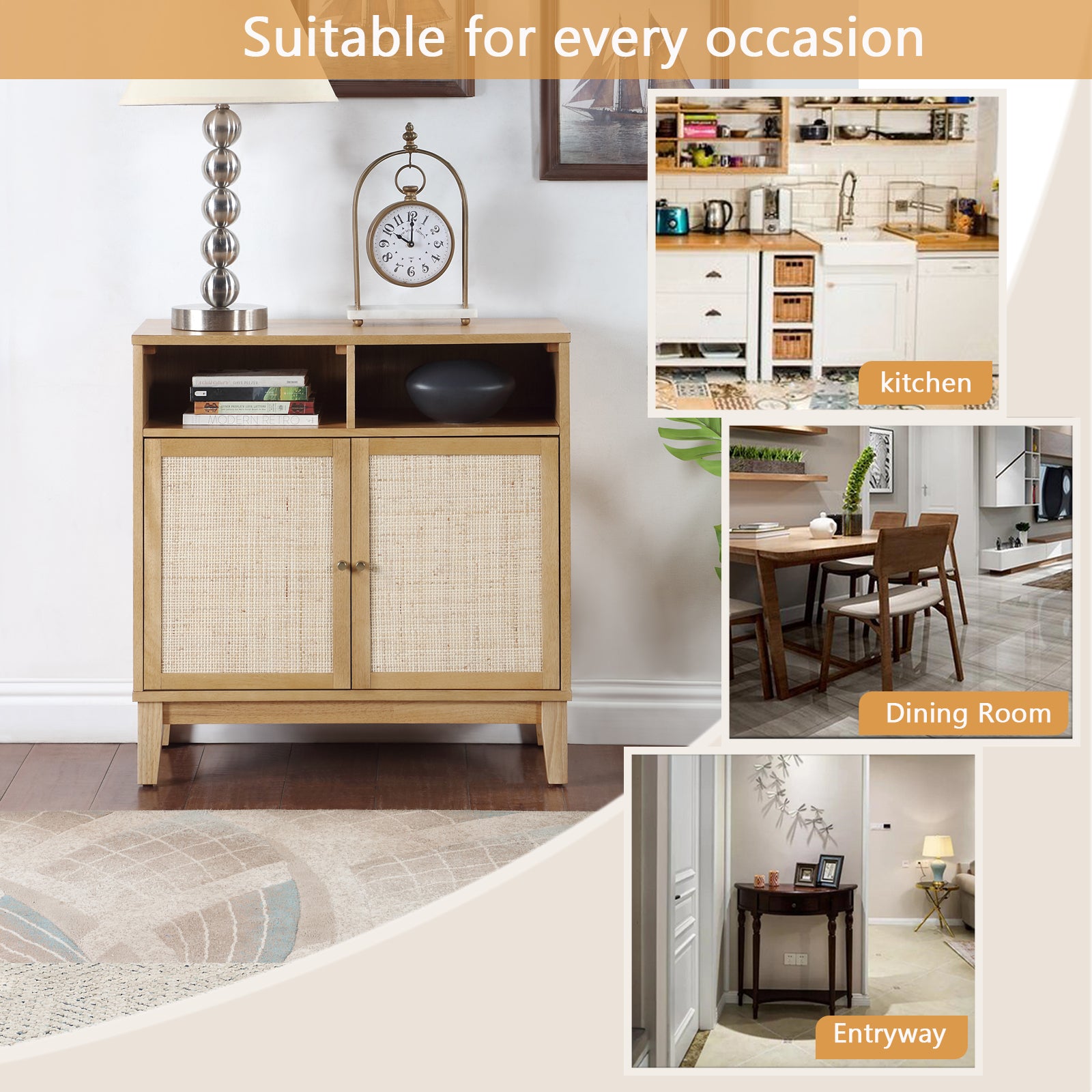 Buffet Cabinet With Storage,Storage Cabinet With Natural Rattan Decorated Doors,Rattan Cabinet With Adjustable Shelf,Sideboard For Living Room,Kitchen,Hallway,2 Doors, Storage, Natural Natural Rubber Wood