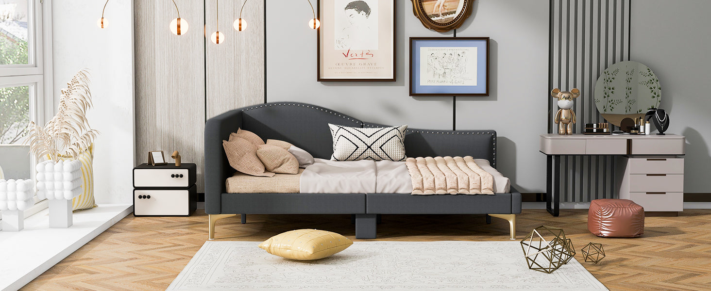 Full Size Upholstered Daybed With Headboard And Armrest, Support Legs, Grey Box Spring Not Required Full Grey Wood Daybeds Linen Upholstered