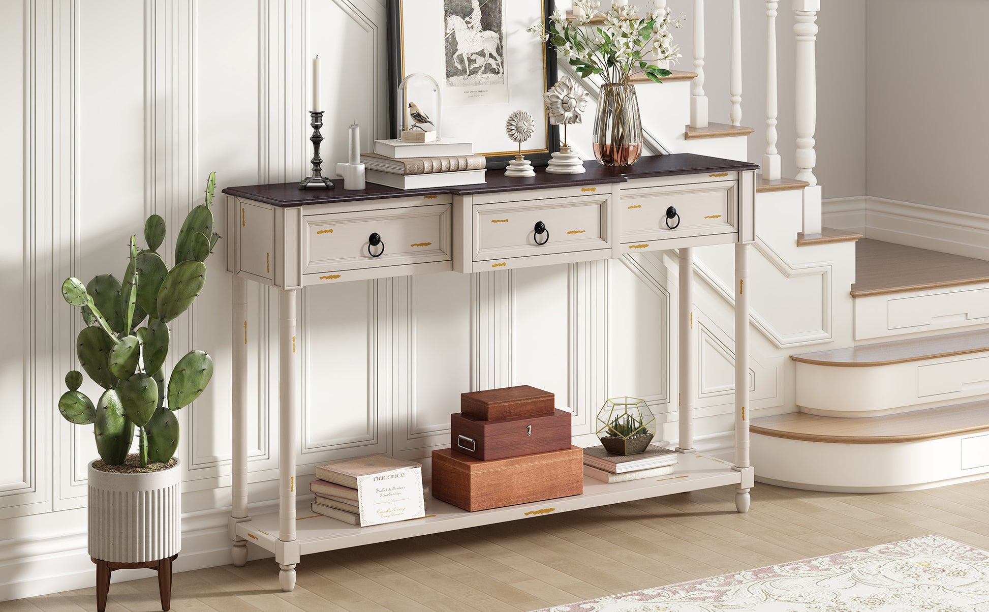 Console Table Sofa Table With Drawers For Entryway With Projecting Drawers And Long Shelf Beige, Old Sku: Wf189574Aad Beige Solid Wood Mdf