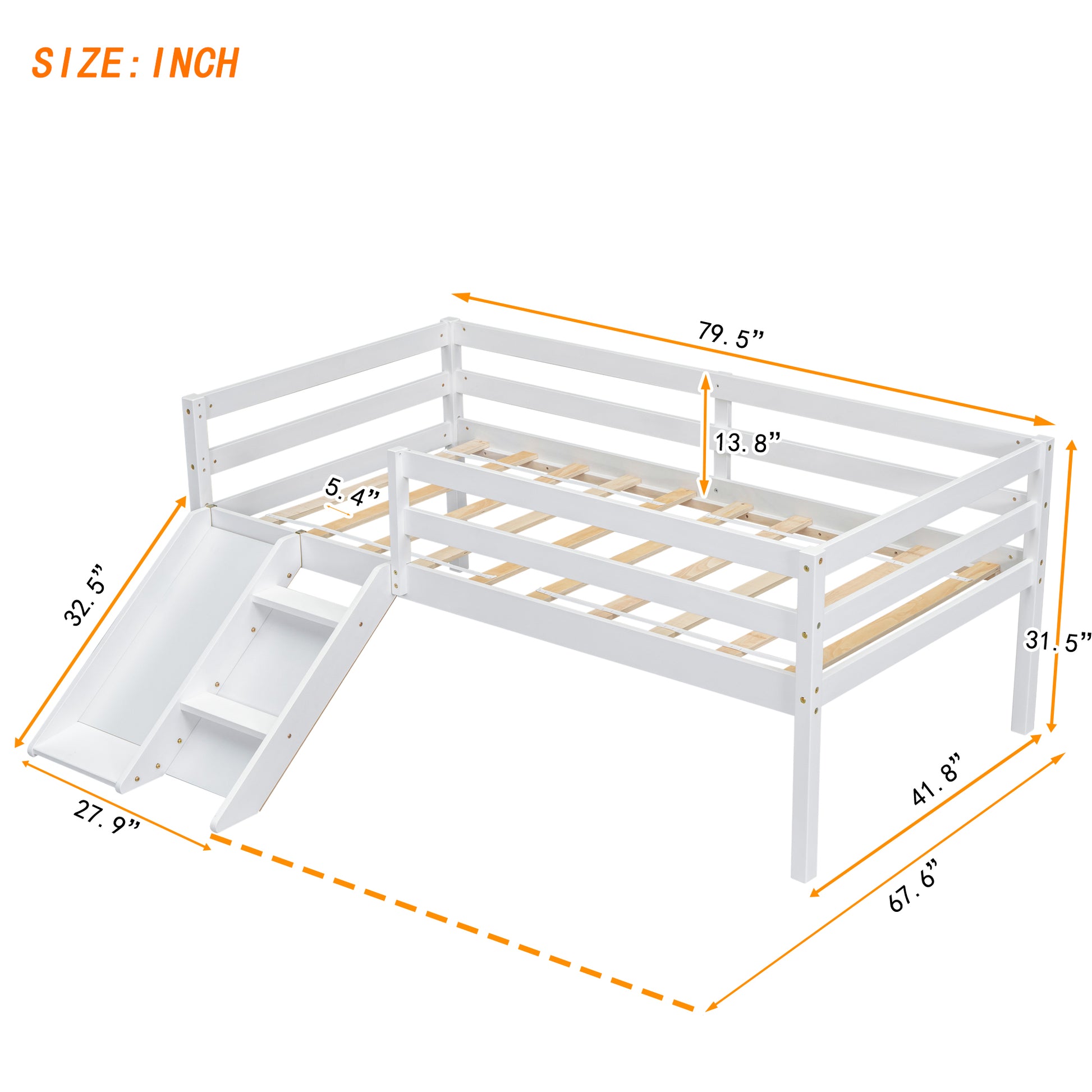 Twin Low Loft Bed With Slide, Ladder, Safety Guardrails, No Box Spring Needed,White Twin White American Design Pine