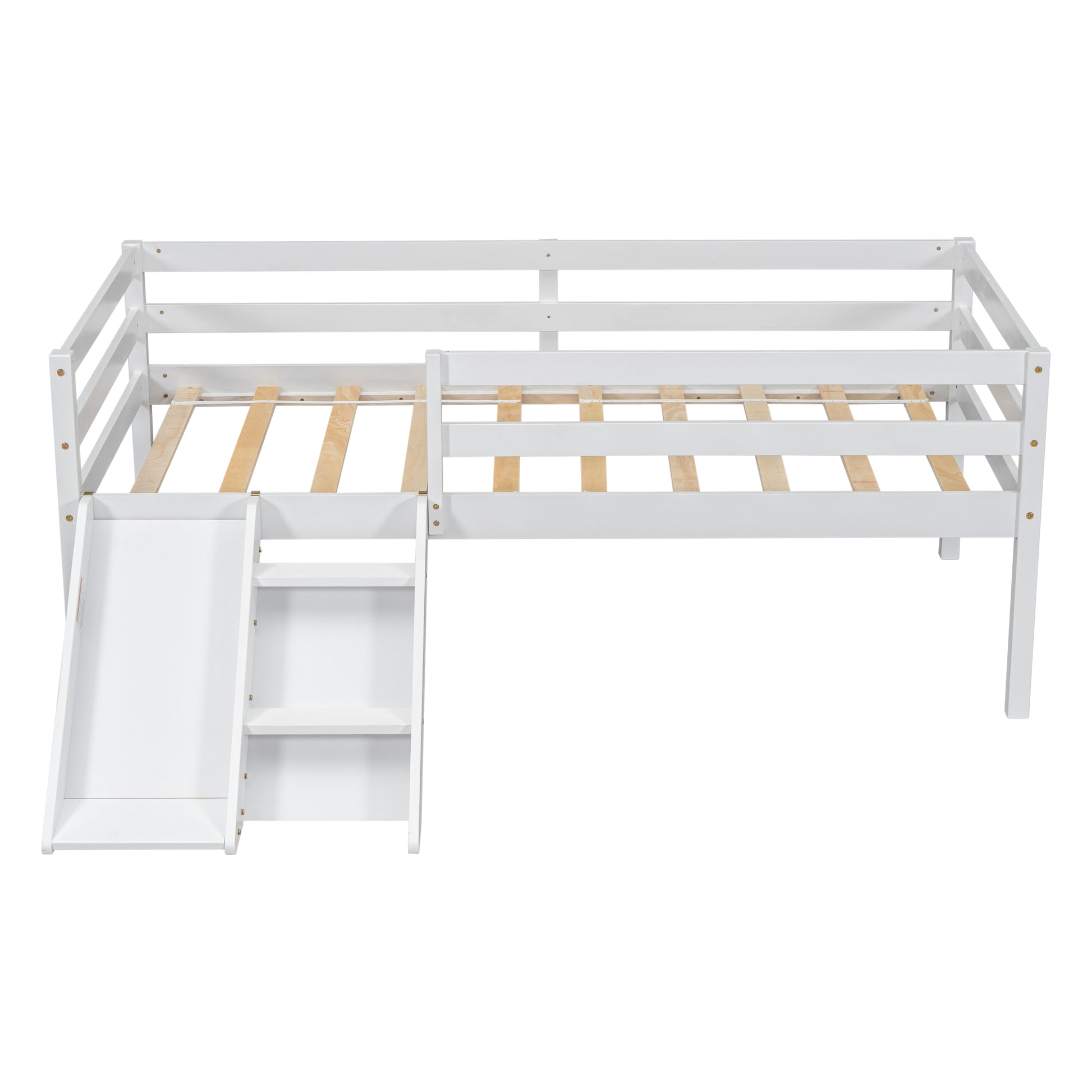 Twin Low Loft Bed With Slide, Ladder, Safety Guardrails, No Box Spring Needed,White Twin White American Design Pine