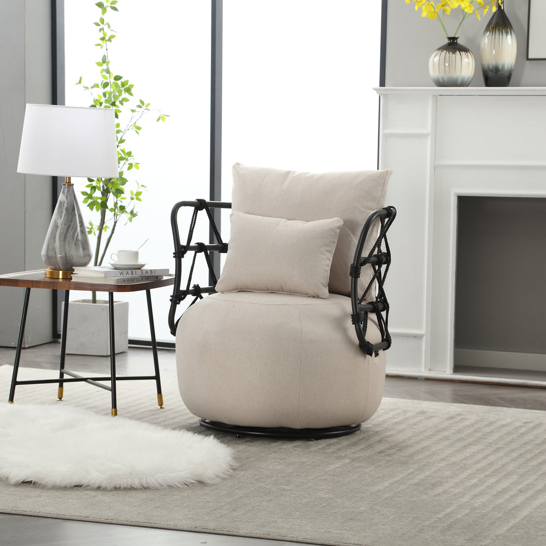 Coolmore Upholstered Tufted Living Room Chair Textured Linen Fabric Accent Chair With Metal Stand Beige Linen