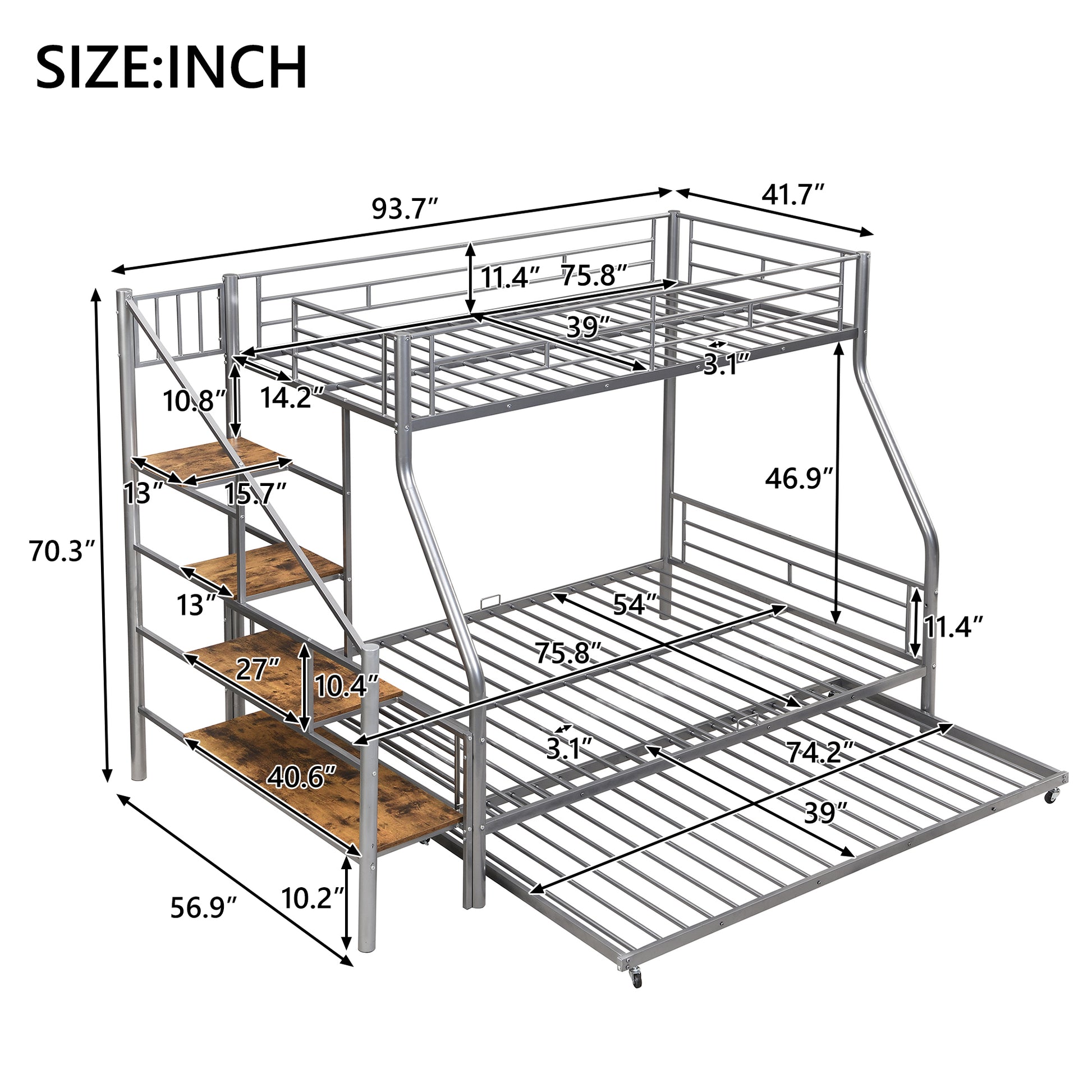 Twin Over Full Size Metal Bunk Bed With Trundle And Storage Staircase, Silver Twin Silver Metal