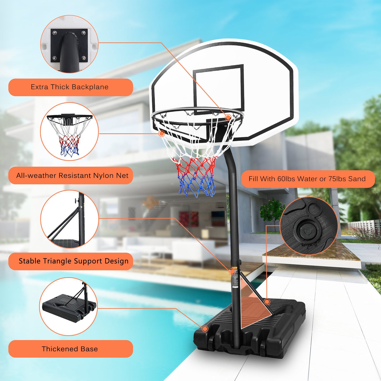 Portable Poolside Basketball Hoop Swimming Pool 3.1Ft To 4.7Ft Height Adjustable Basketball System Goal Stand For Kids White Black Steel