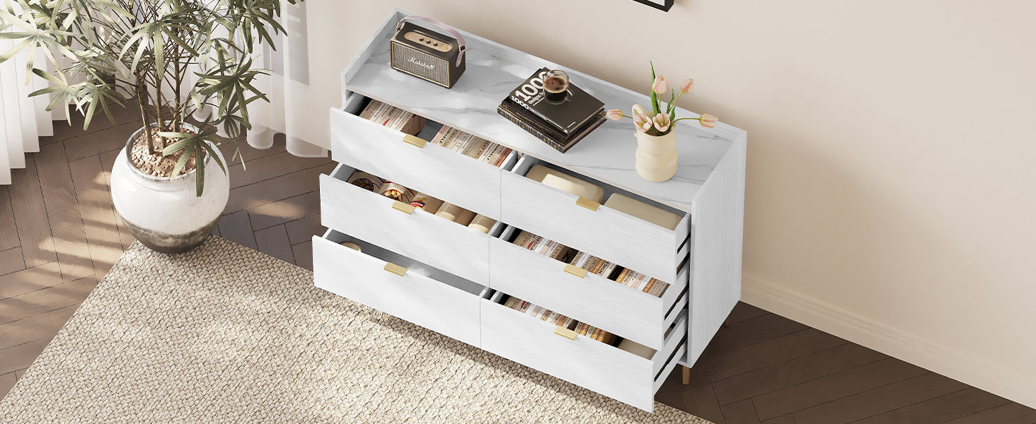 55" Long 6 Drawer Dresser With Marbling Worktop, Mordern Storage Cabinet With Metal Leg And Handle For Bedroom, White White Mdf Metal