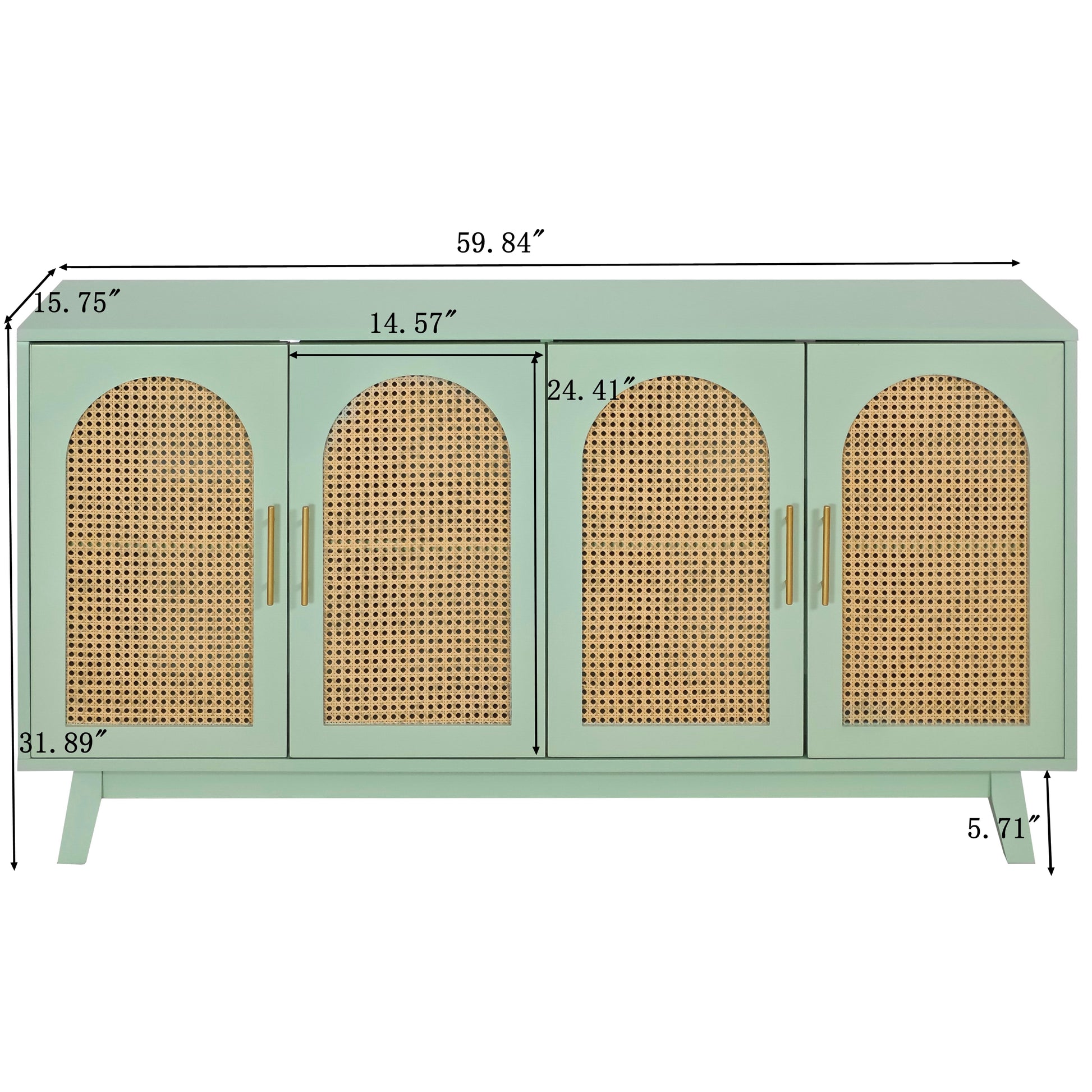 Sideboard Buffet Cabinet With Rattan Doors, Boho 4 Door Cabinet With Metal Handles For Living Room, Hallway, Entryway, Mint Green Mint Green Primary Living Space Mdf