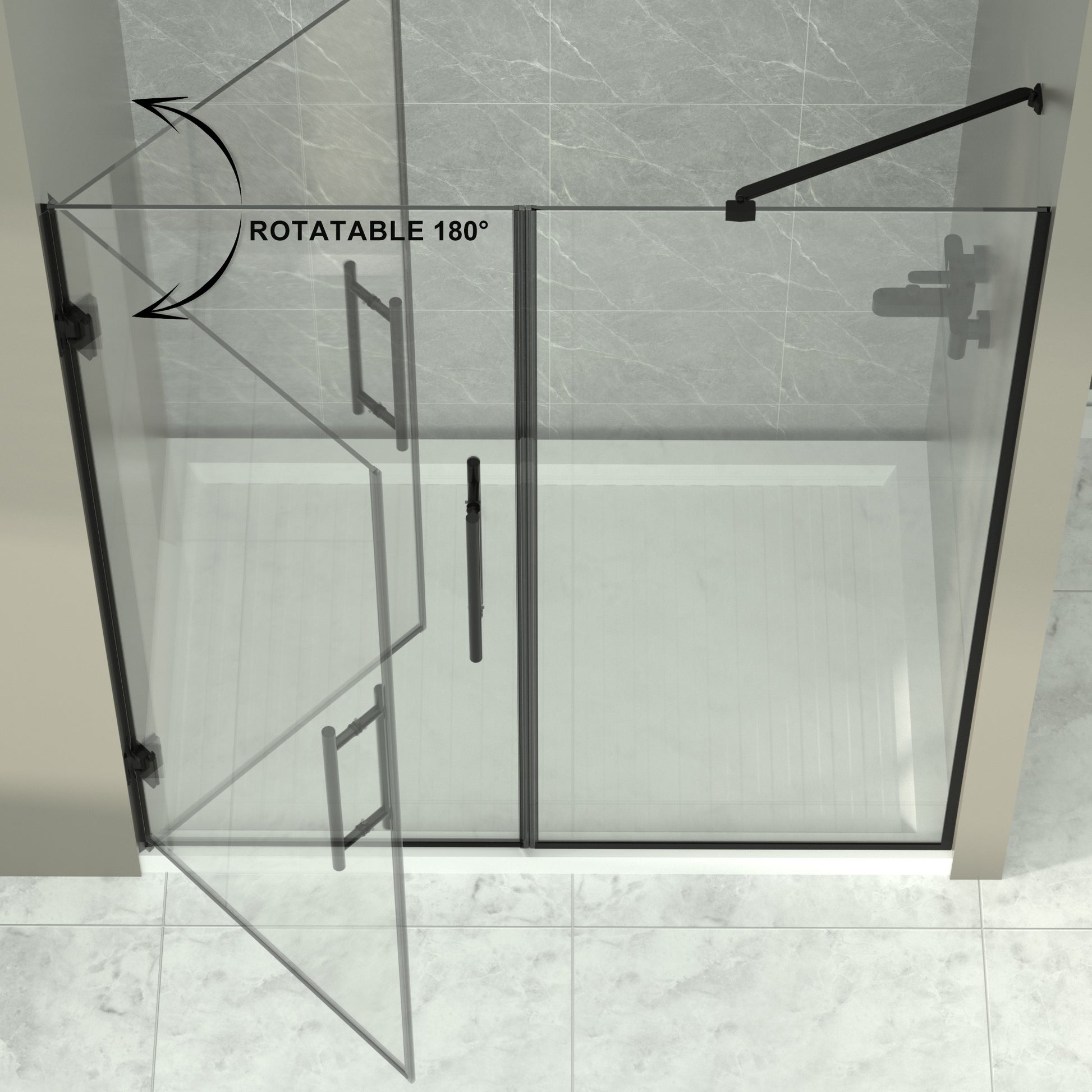 58 58 2 1In. W X 71 In. H Semi Frameless Double Hinges Shower Door In Matte Black,Tempered Glass,Reversible Installation Black Glass