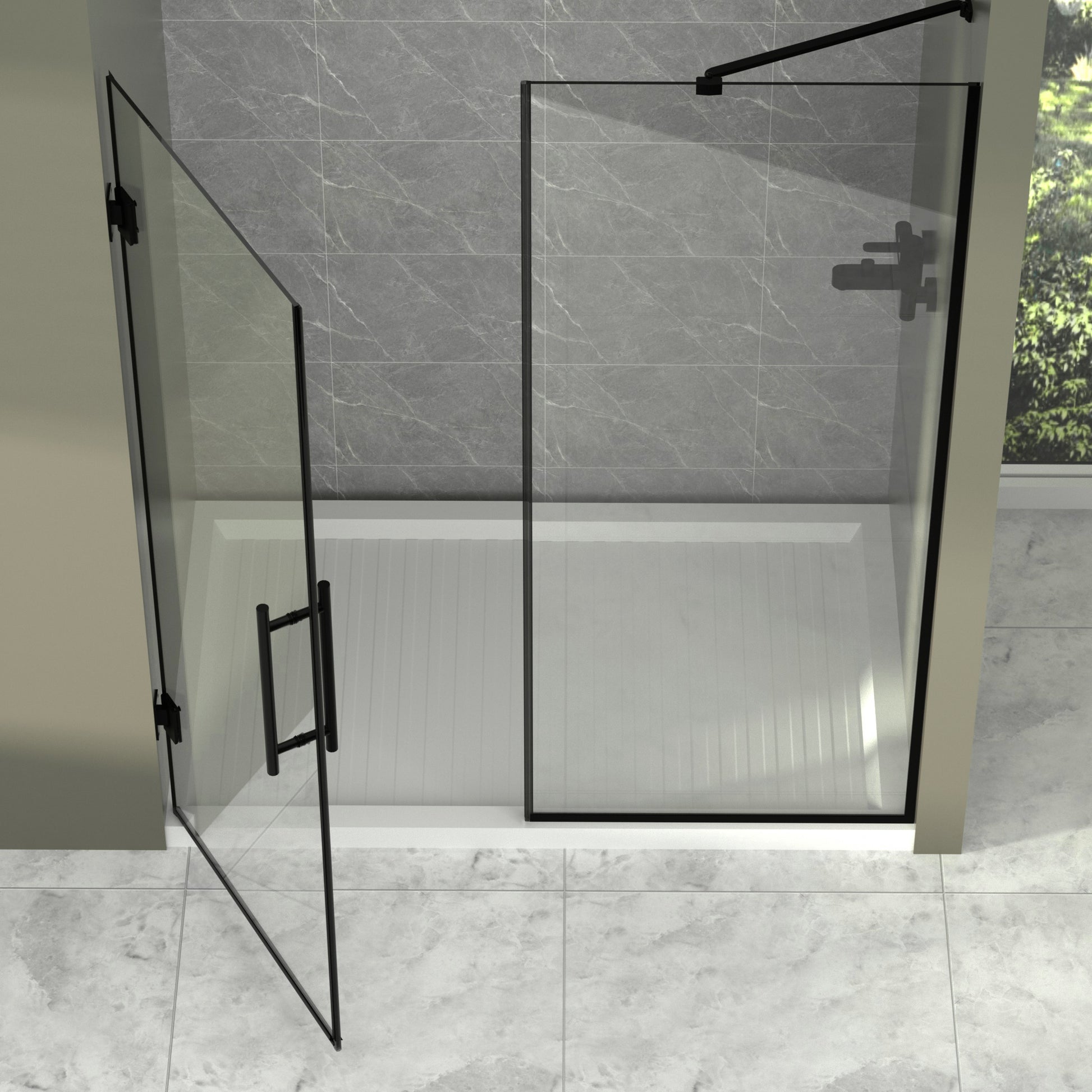 58 58 2 1In. W X 71 In. H Semi Frameless Double Hinges Shower Door In Matte Black,Tempered Glass,Reversible Installation Black Glass