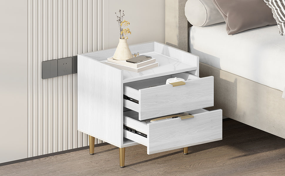 Wooden Nightstand With 2 Drawers And Marbling Worktop, Mordern Wood Bedside Table With Metal Legs&Handles,White White Mdf Metal