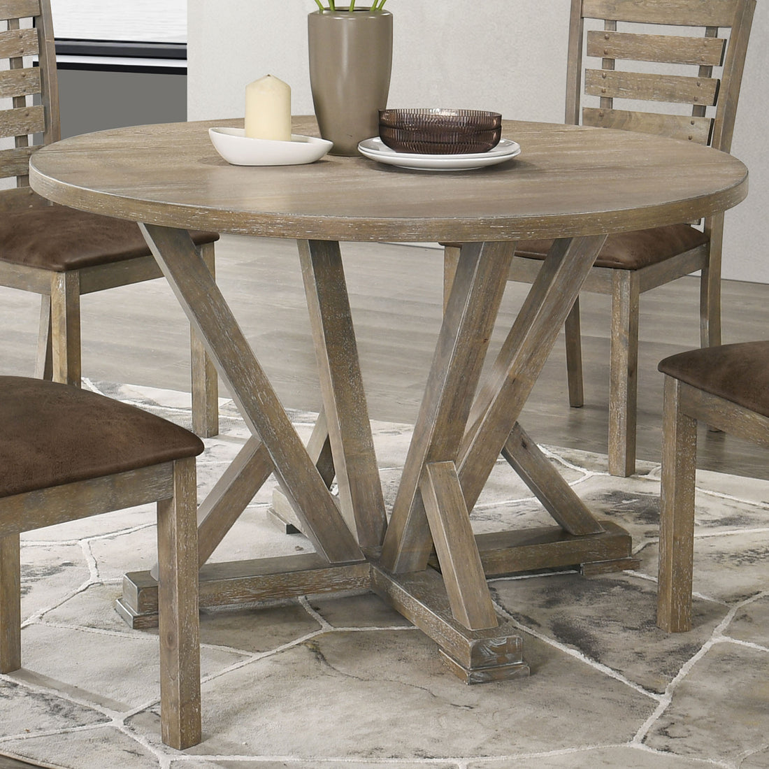 Modern Farmhouse Round Dining Table 45.7Inch Solid Wood Rubberwood Antique Finishing Rustic Look Distressed Look Wire Brushed For 4 Seaters Grayish Brown Light Brown Distressed Finish Dining Room Antique,Farmhouse,French Country,Rustic,Vintage Rubberwood