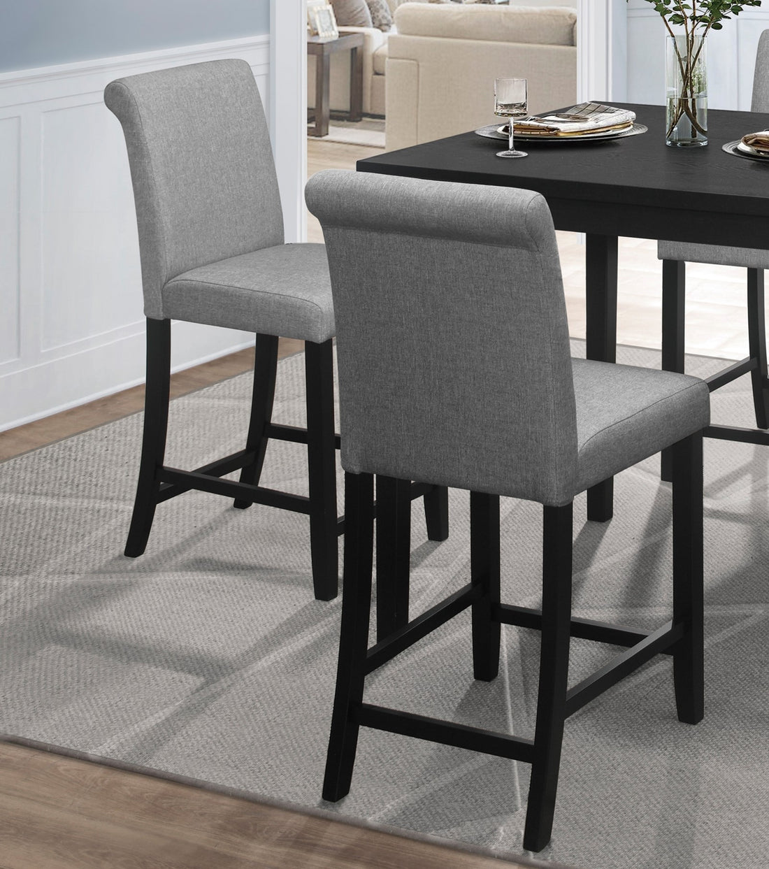 Counter Height Chairs Set Of 2 Black Finish Upholstered Gray Padded Seat Back Transitional Dining Kitchen Wooden Furniture Gray Dining Room Casual,Transitional Wood