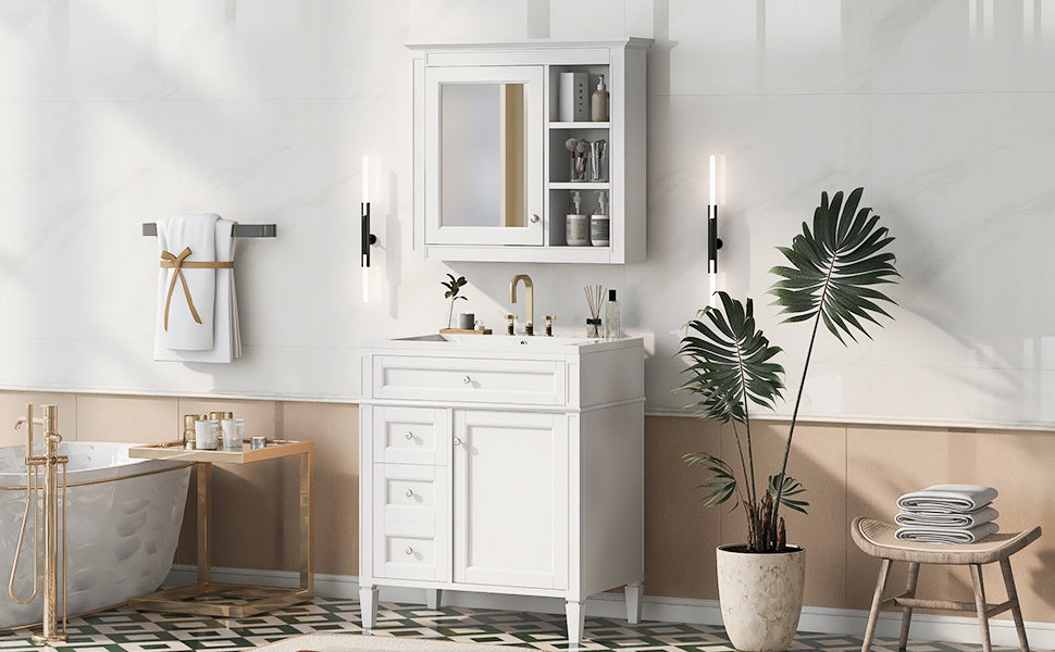 30'' Bathroom Vanity With Top Sink, Modern Bathroom Storage Cabinet With 2 Drawers And A Tip Out Drawer, Freestanding Vanity Set With Mirror Cabinet, Single Sink Bathroom Vanity White Bathroom Solid