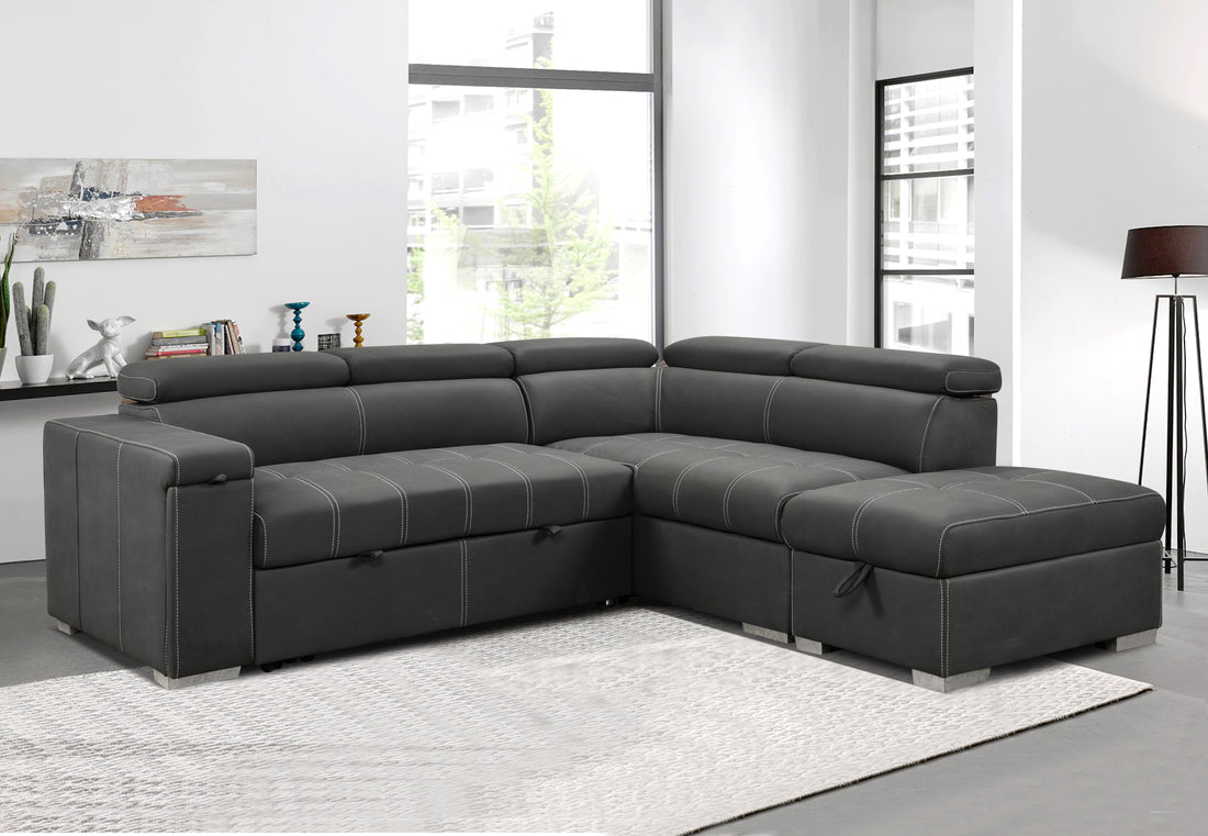 99.5" Modern 2 In 1 Convertible Sofa Bed With Pull Out Bed And Chaise Lounge With Adjustable Headrest, L Shaped Couches For Living Room Apartment W Storage Ottoman, And Cup Holder, Dark Grey Light Brown Wood Primary Living Space Heavy Duty Eucalyptus 5