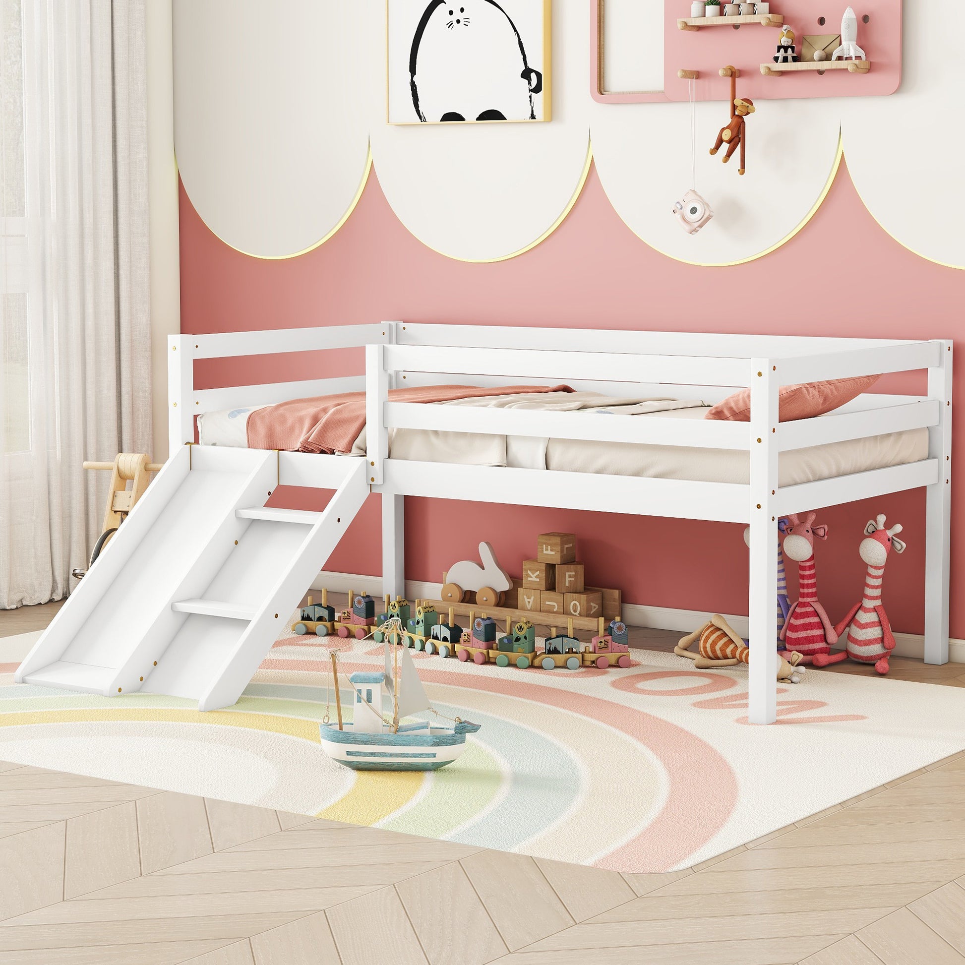 Twin Low Loft Bed With Slide, Ladder, Safety Guardrails, No Box Spring Needed,White Twin White American Design Pine